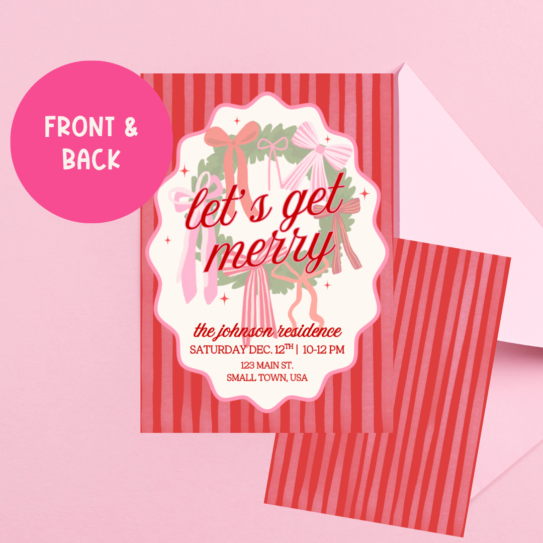 Let's Get Merry Christmas Party Invitation | Christmas Bow Wreath Holiday Invite