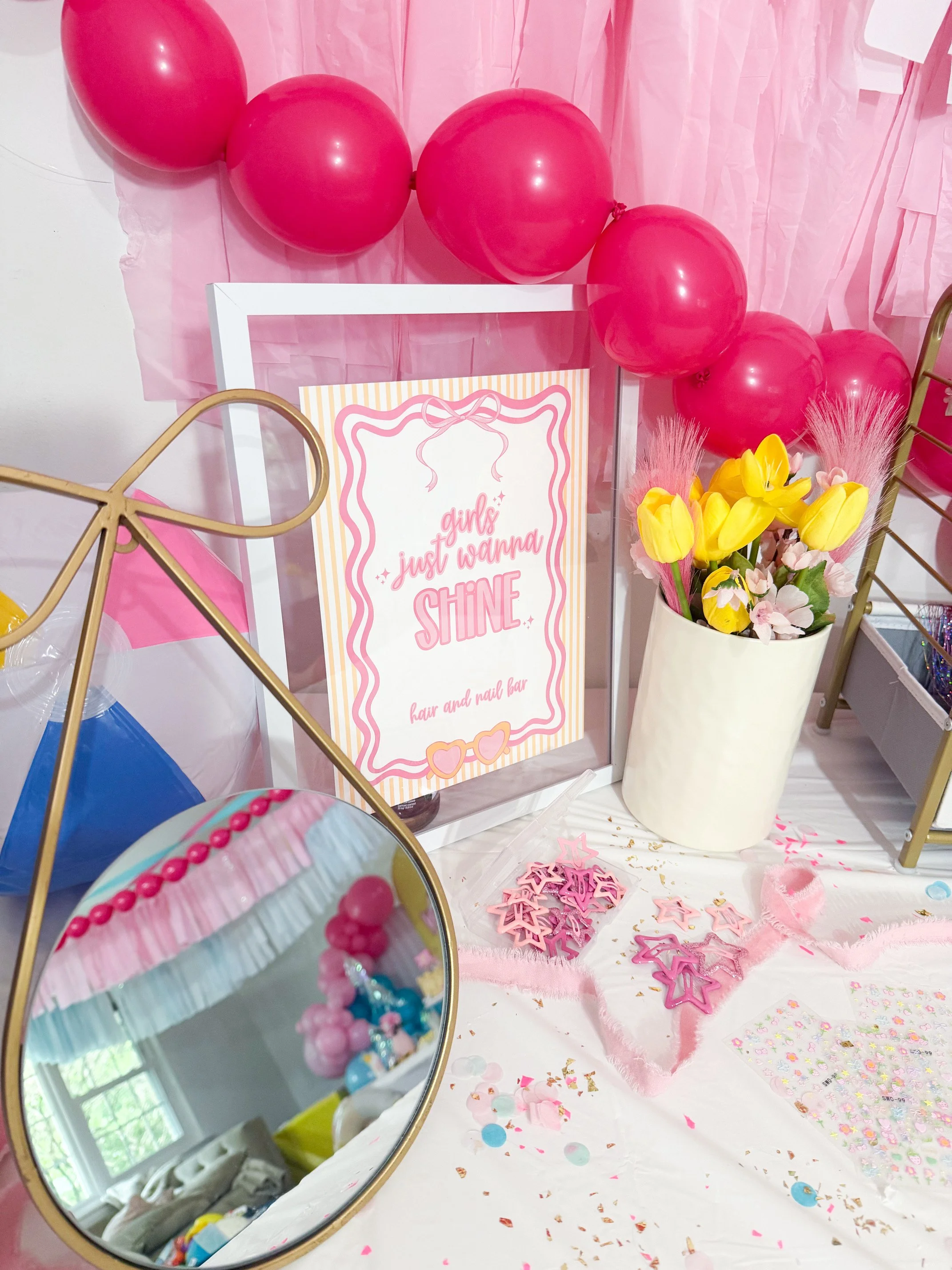 Colorful Girls Just Wanna Shine glam station with nail stickers, glitter hair accessories and sunglasses
