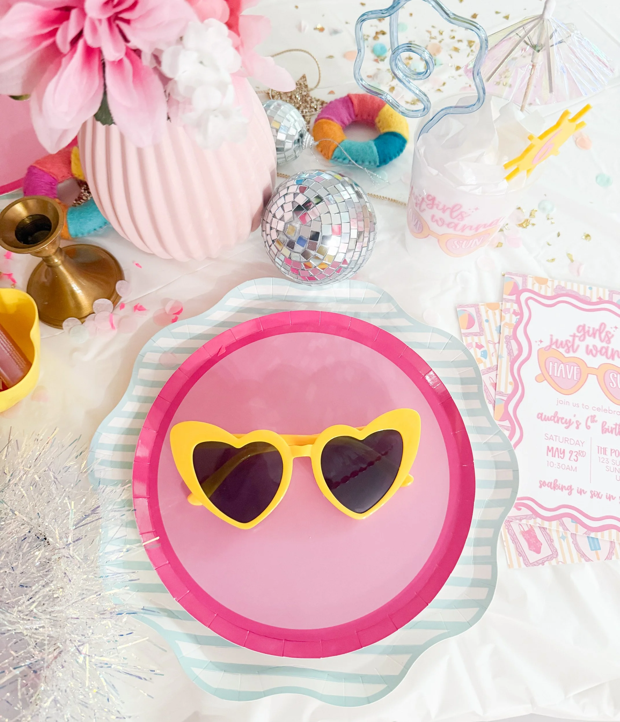 Custom Girls Just Wanna Have Sun sixth birthday party invitation featuring colorful retro summer designs and pastel pink, yellow and aqua details