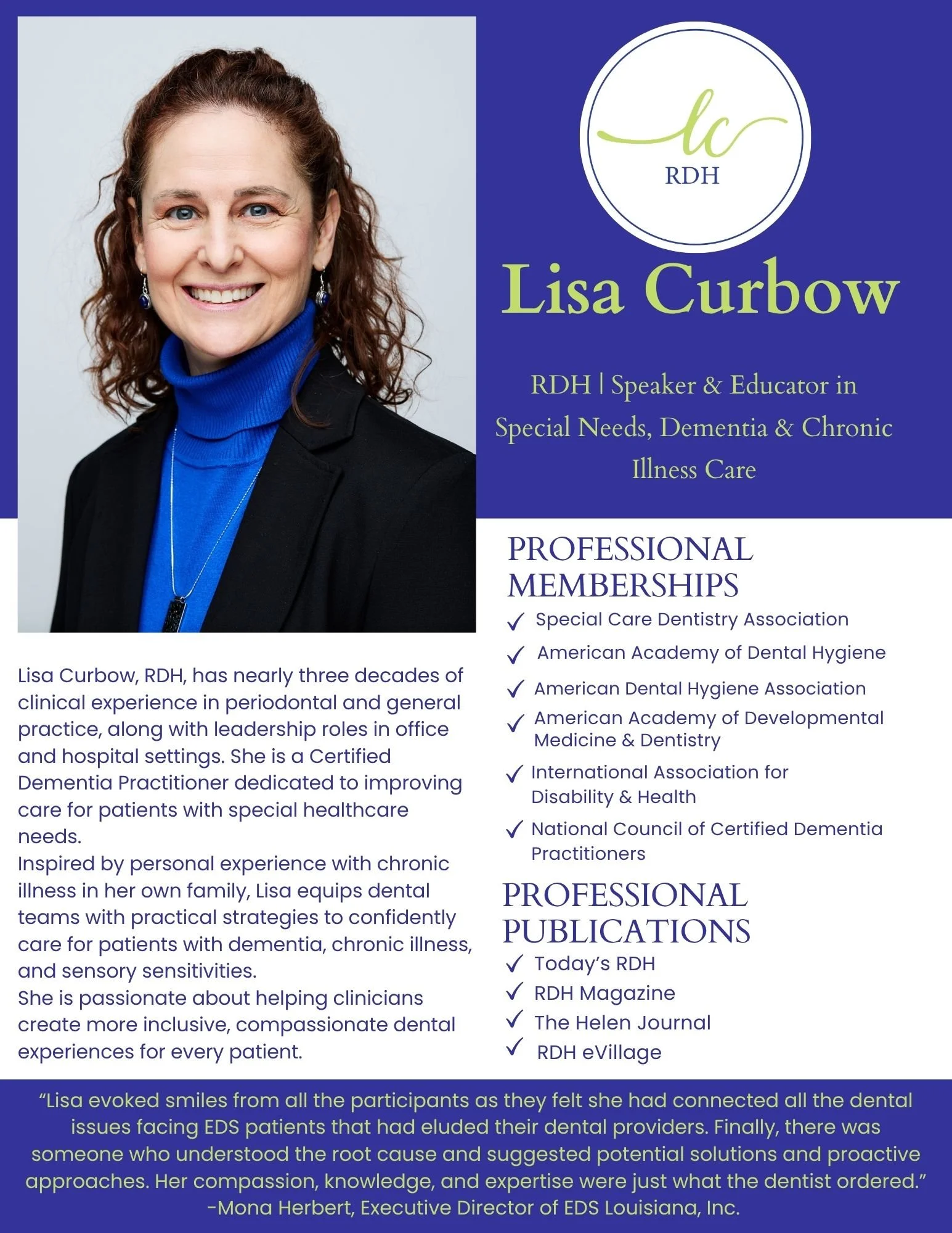 A professional profile card featuring a woman with brown hair, blue eyes, wearing a blue turtleneck and black blazer, smiling. The text highlights her as Lisa Curbow, RDH, a speaker and educator in special needs, dementia, and chronic illness care, with a list of professional memberships and publications.