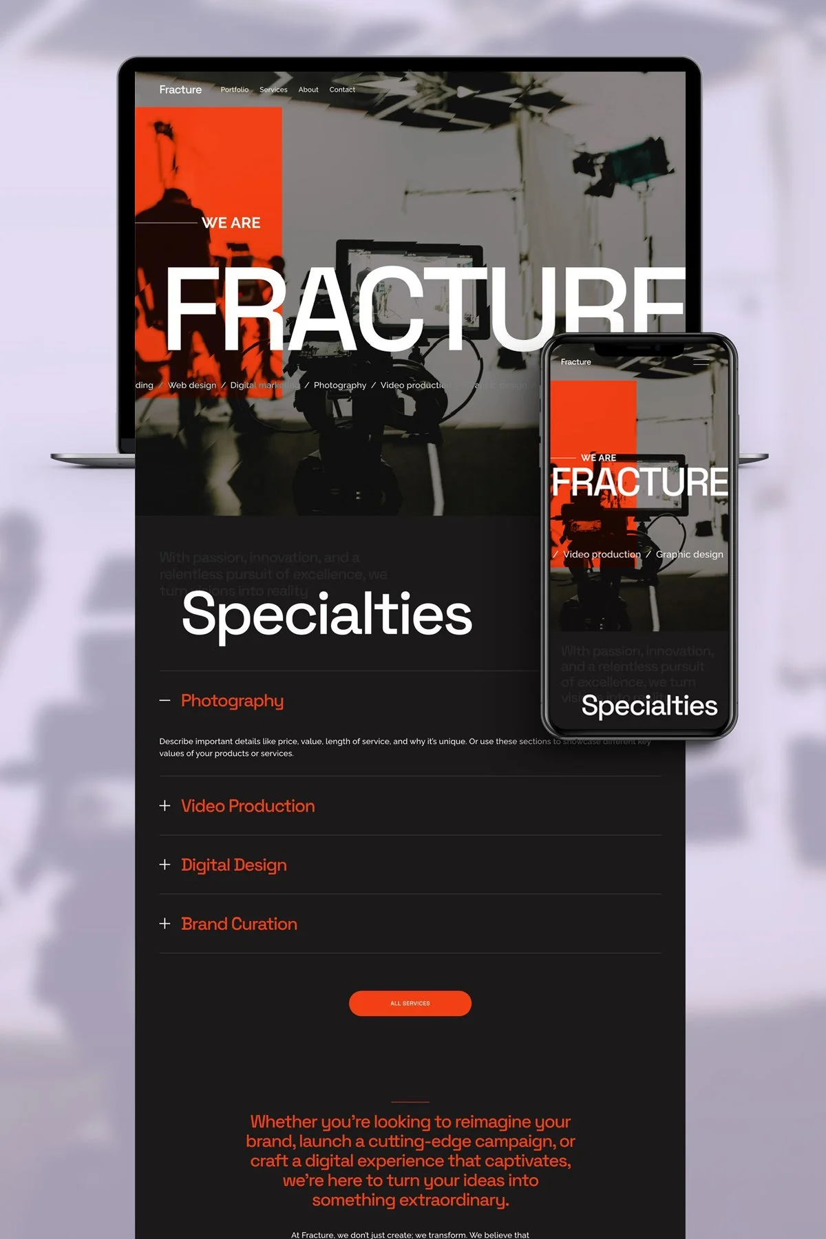 A website displayed on a laptop and a smartphone, showcasing a creative agency's homepage titled 'FRACTURE' with a focus on services like photography, video production, digital design, and brand curation, featuring a black background and orange accents.