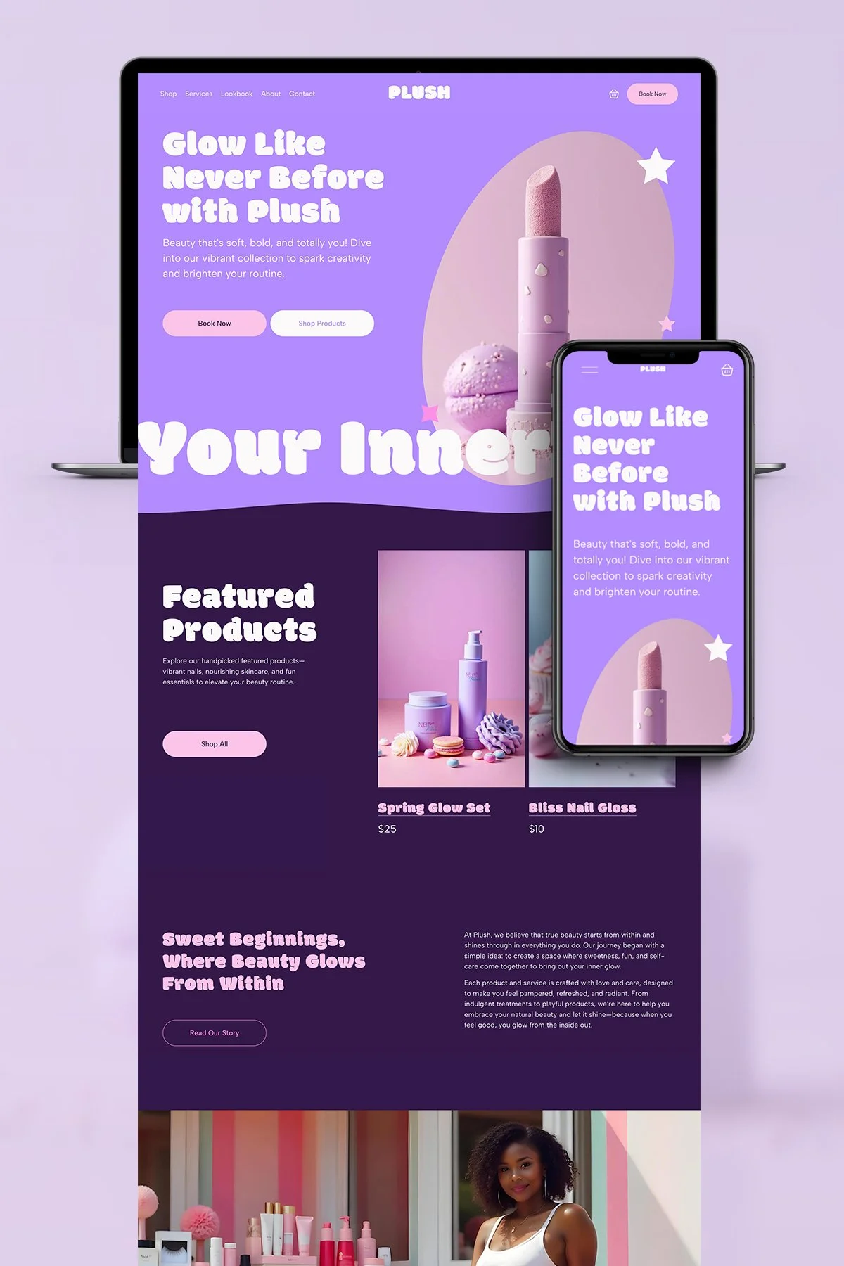 A website and mobile app interface for a beauty and cosmetics store called Plush, featuring a purple color theme, a large product image of a pink lipstick, and various sections showcasing featured products, with the text "Glow Like Never Before with Plush".
