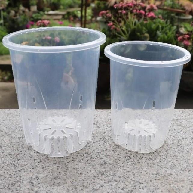 Two clear plastic plant pots on a gray surface with pink flowers in the background.