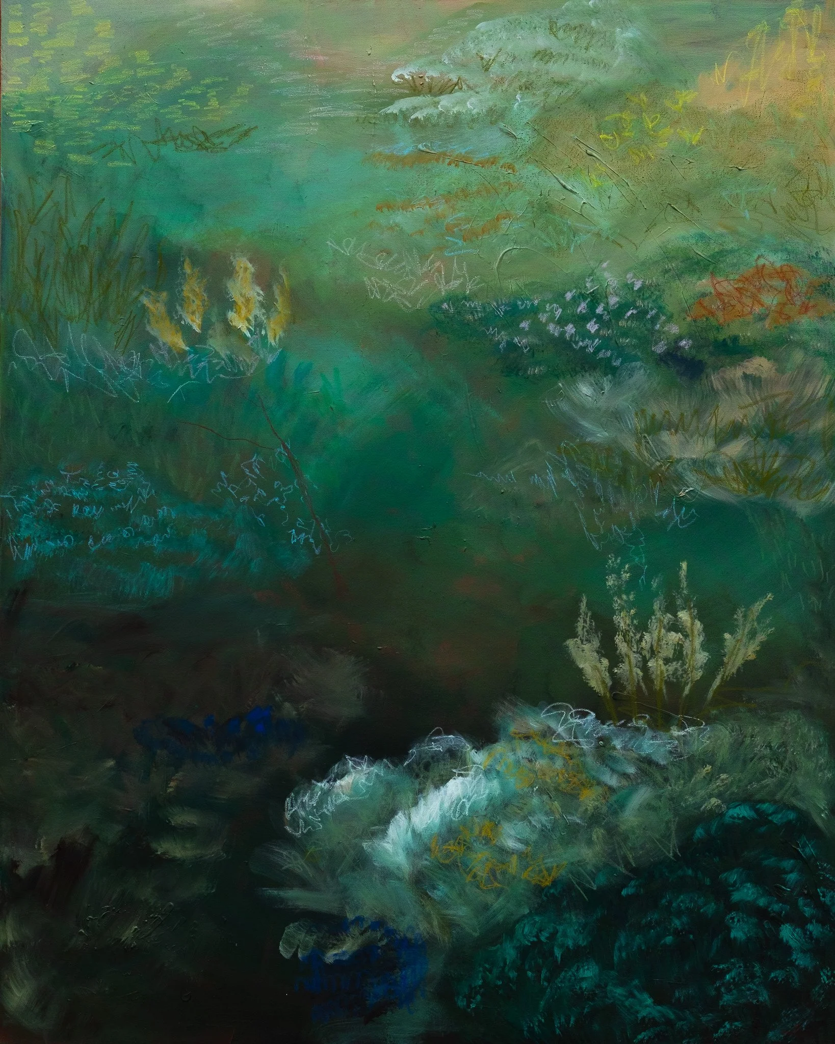 A dark colorful abstract painting with various scribbles, lines, and patches of different colors including green, black, white, yellow, purple, blue, and orange.