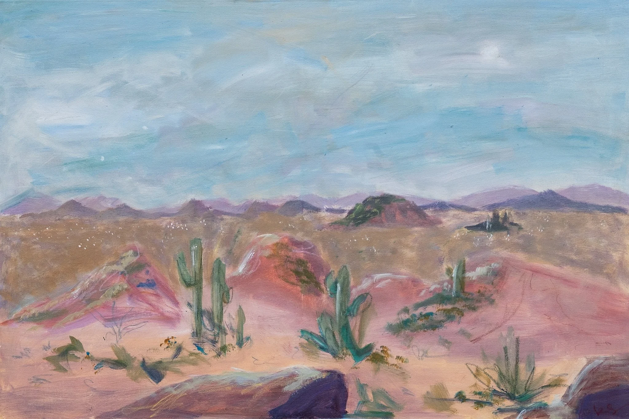 An impressionist painting of a desert landscape with mountains in the distance, some plants in the foreground, and a cloudy sky.