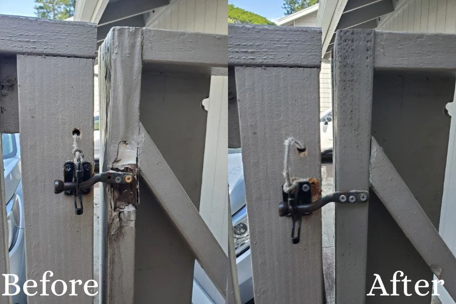 Wood fence gate repair before and after