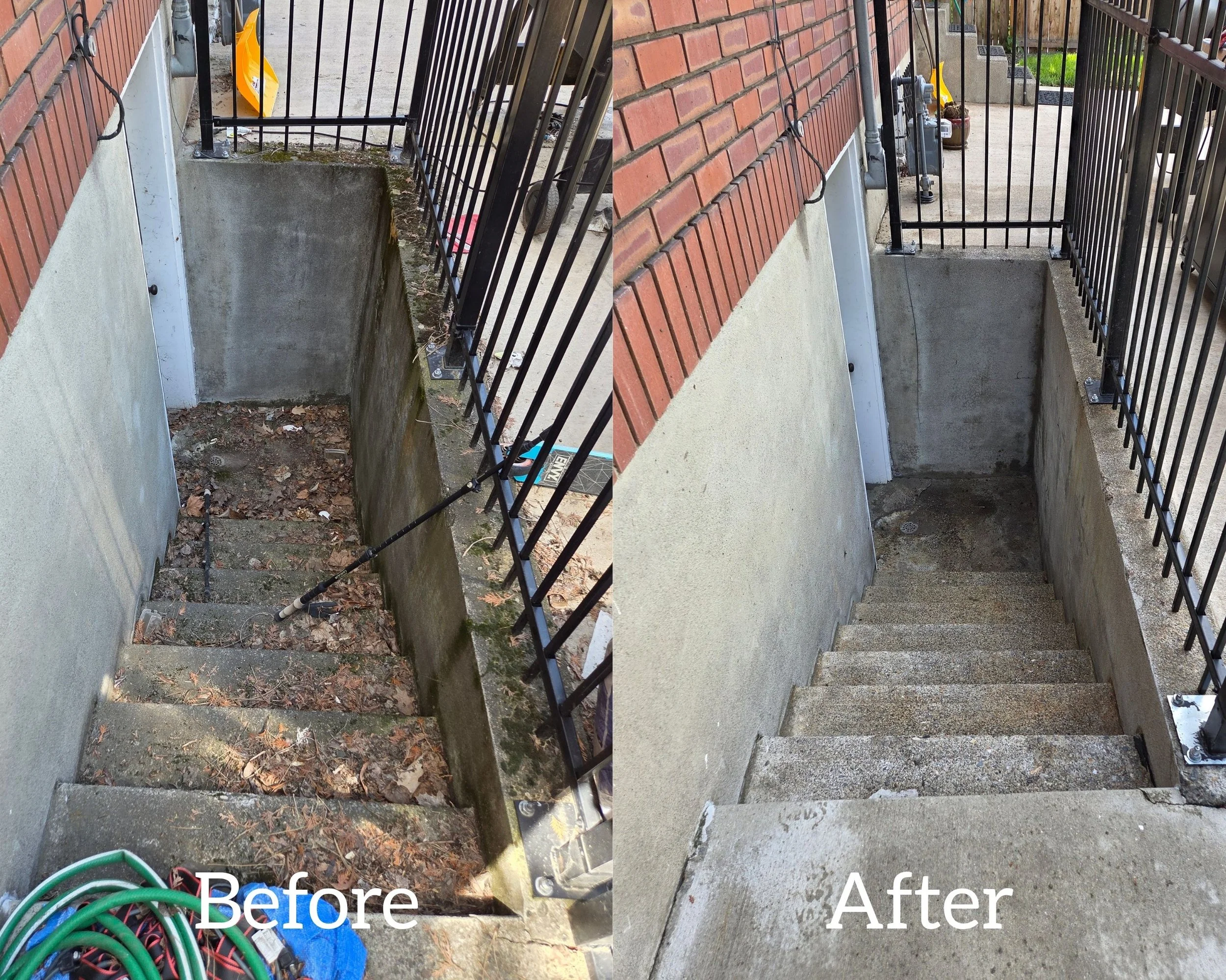 before-after pressure wash of stairwell