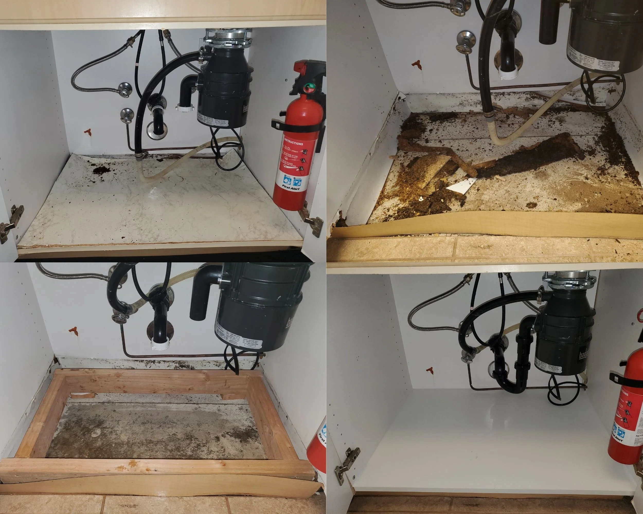 kitchen sink leak cabinet base repaired