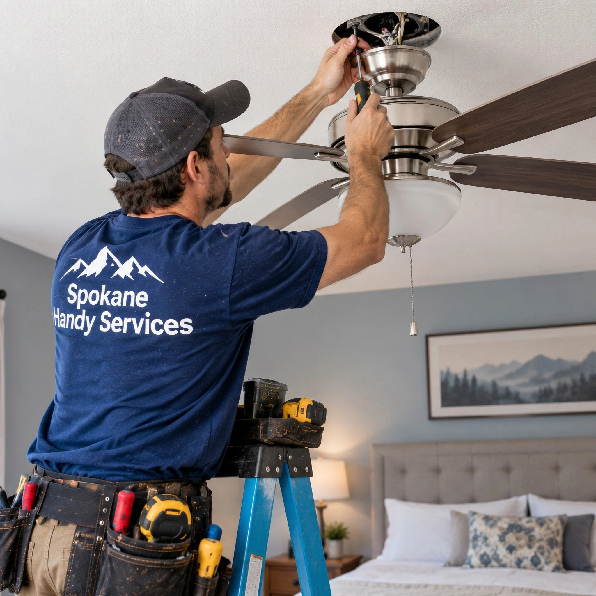 handyman installing bedroom ceiling fan