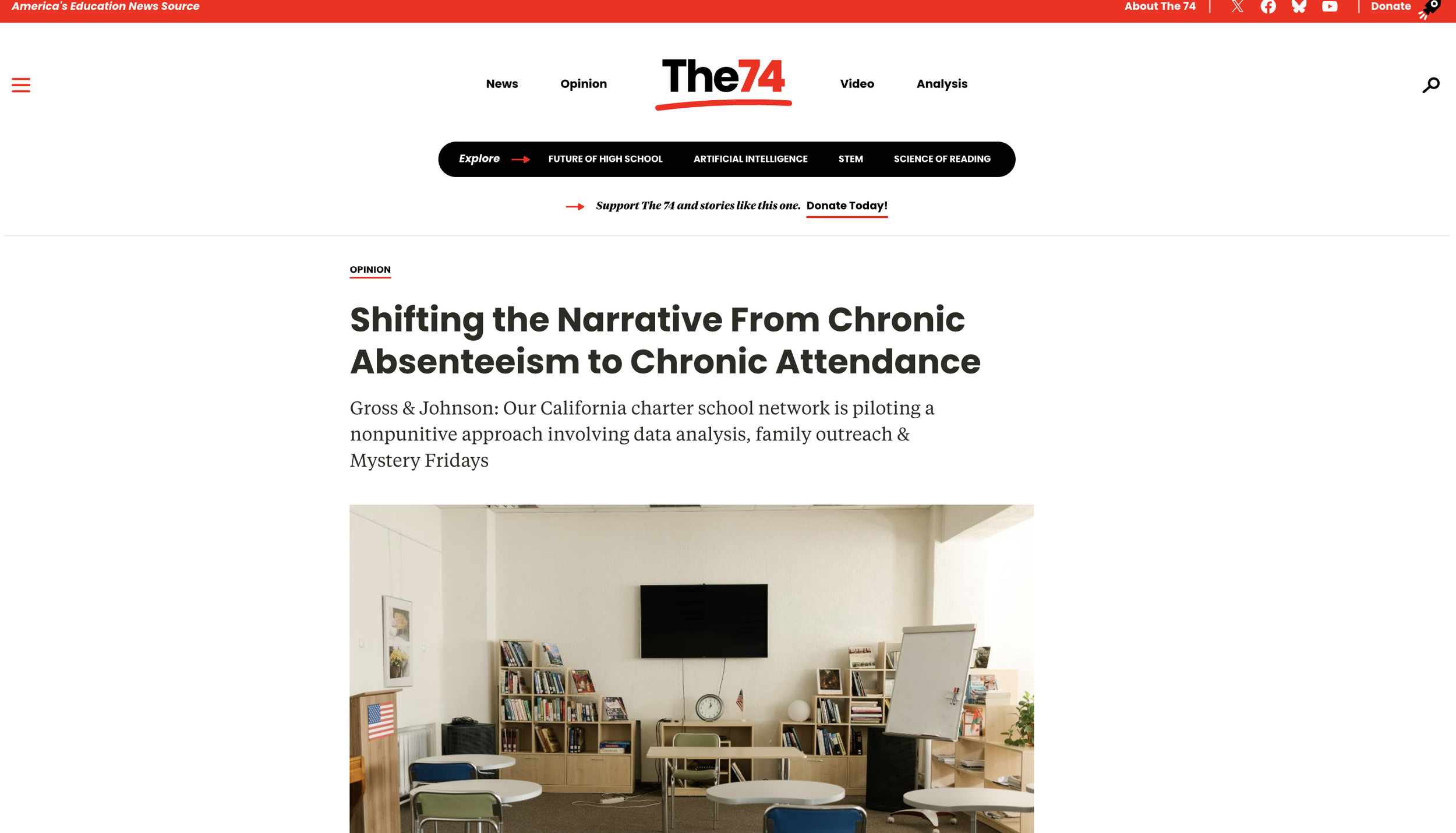 Website article titled "Shifting the Narrative From Chronic Absenteeism to Chronic Attendance," discussing a nonpunitive approach by a California charter school network. Includes an image of a classroom with chairs, a table, and bookshelves.