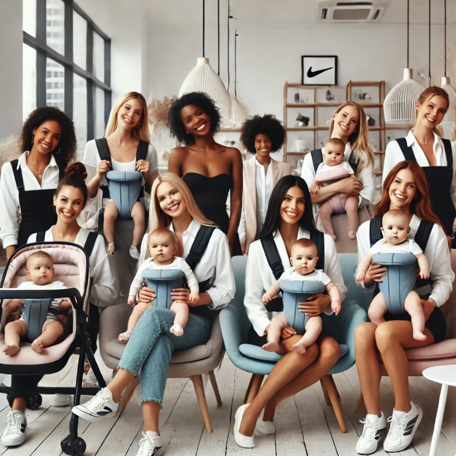 Group of women posing with babies in a modern, stylish room