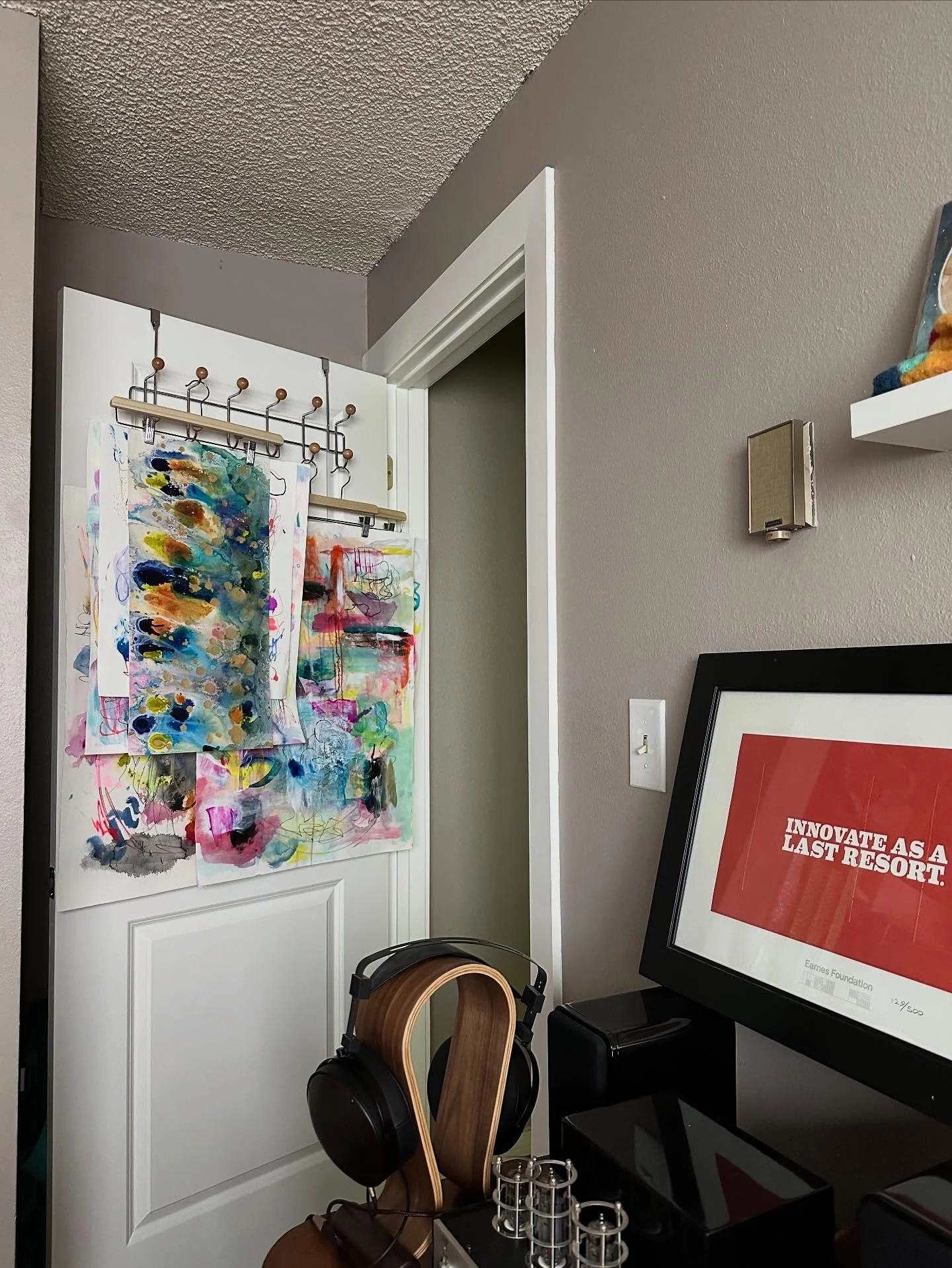 A little snapshot of how I&rsquo;m temporarily storing some works on paper; also my favorite Eames quote: &ldquo;Innovate as a last resort&rdquo; #brilliantaquastudios