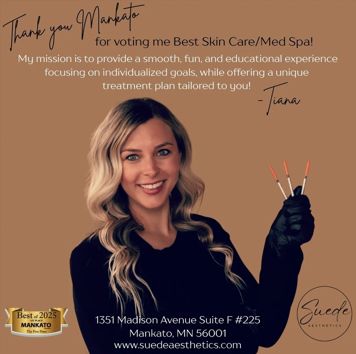 Grateful, honored, excited.. those words don&rsquo;t even begin to describe how I feel right now. I&rsquo;m truly blown away to be voted Best Med Spa &amp; Skincare Service in Mankato.

When I started the process of opening Suede Aesthetics, I was ju