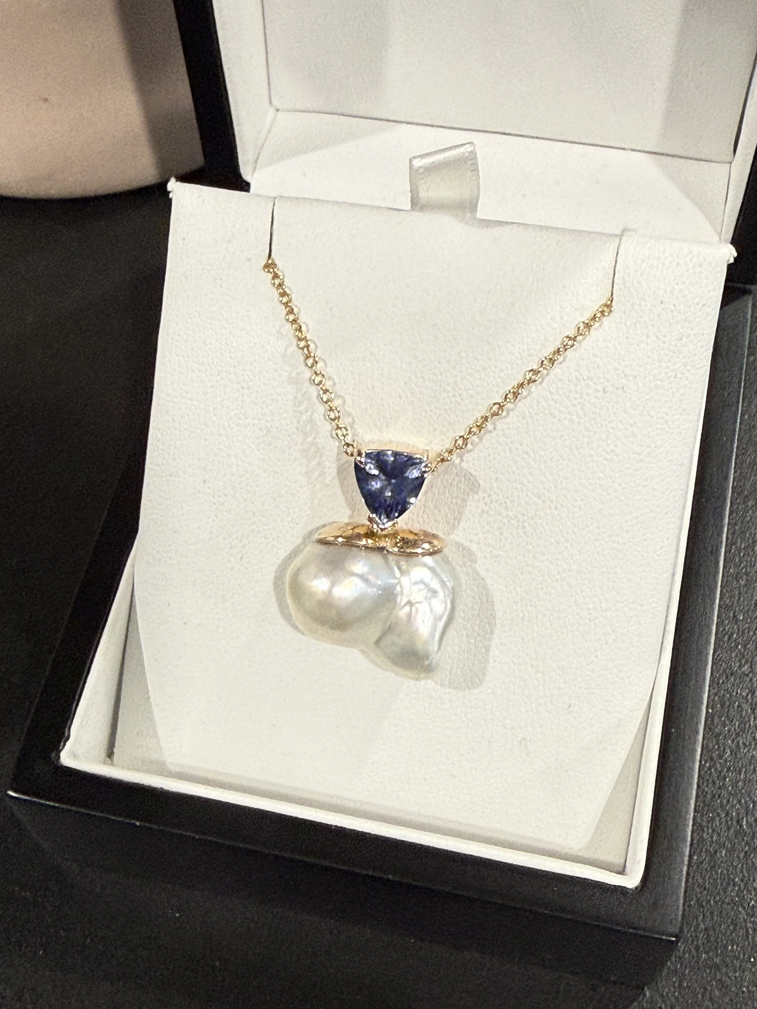 Trillion cut tanzanite, unique south sea pearl, custom piece 