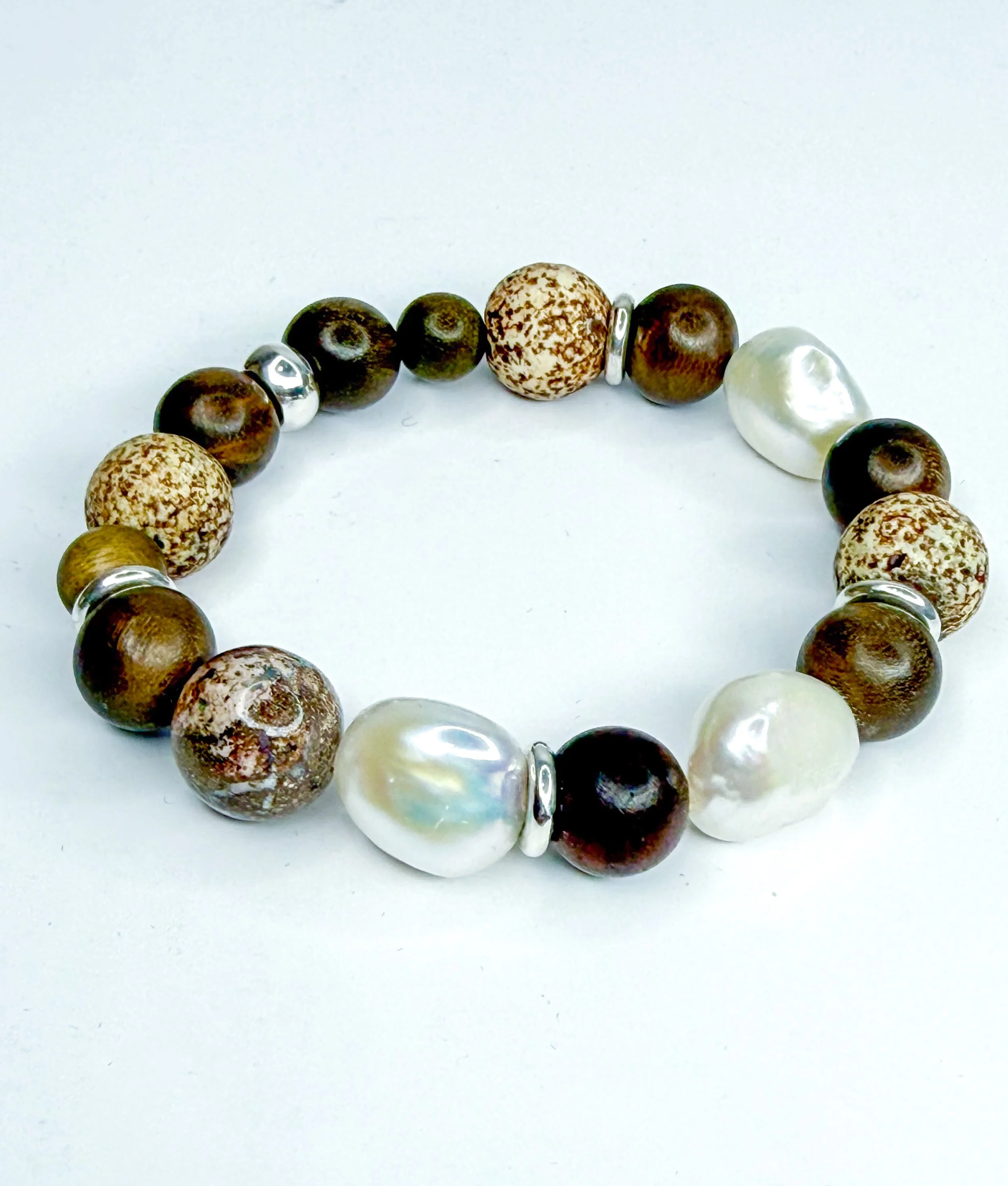 Fresh water baroque pearls, QLD boulder opal, sandalwood beads & Sterling silver