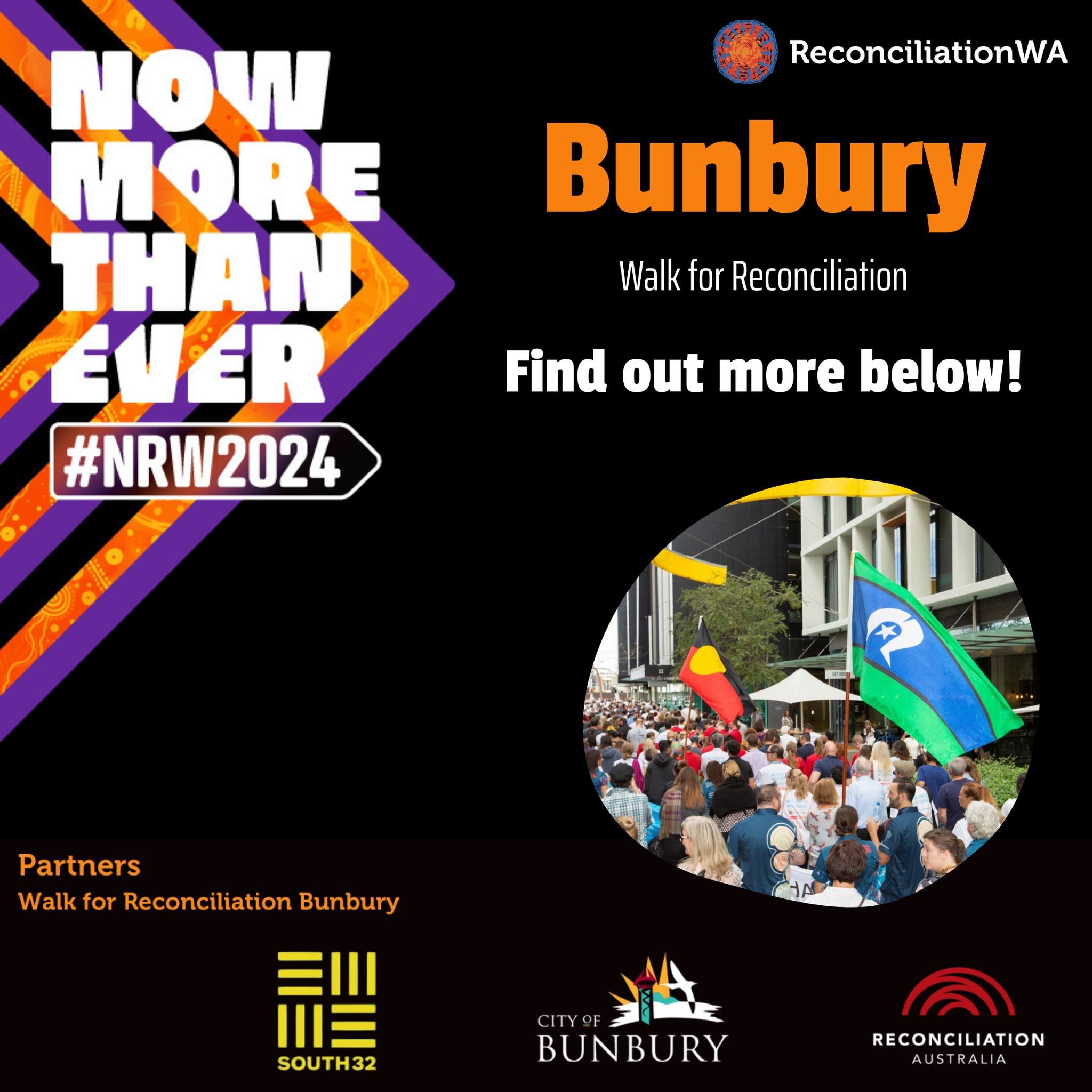 Save the Date! 
Bunbury, Reconciliation Week Walk, Friday 31st May 2024. From 12pm-2pm. Koombana Bay Foreshore. 

We will have a stall at the day's event and would love for you to join us in the Bridge Walk of Solidarity. 

 #NRW2024 #nrw #noongarboo