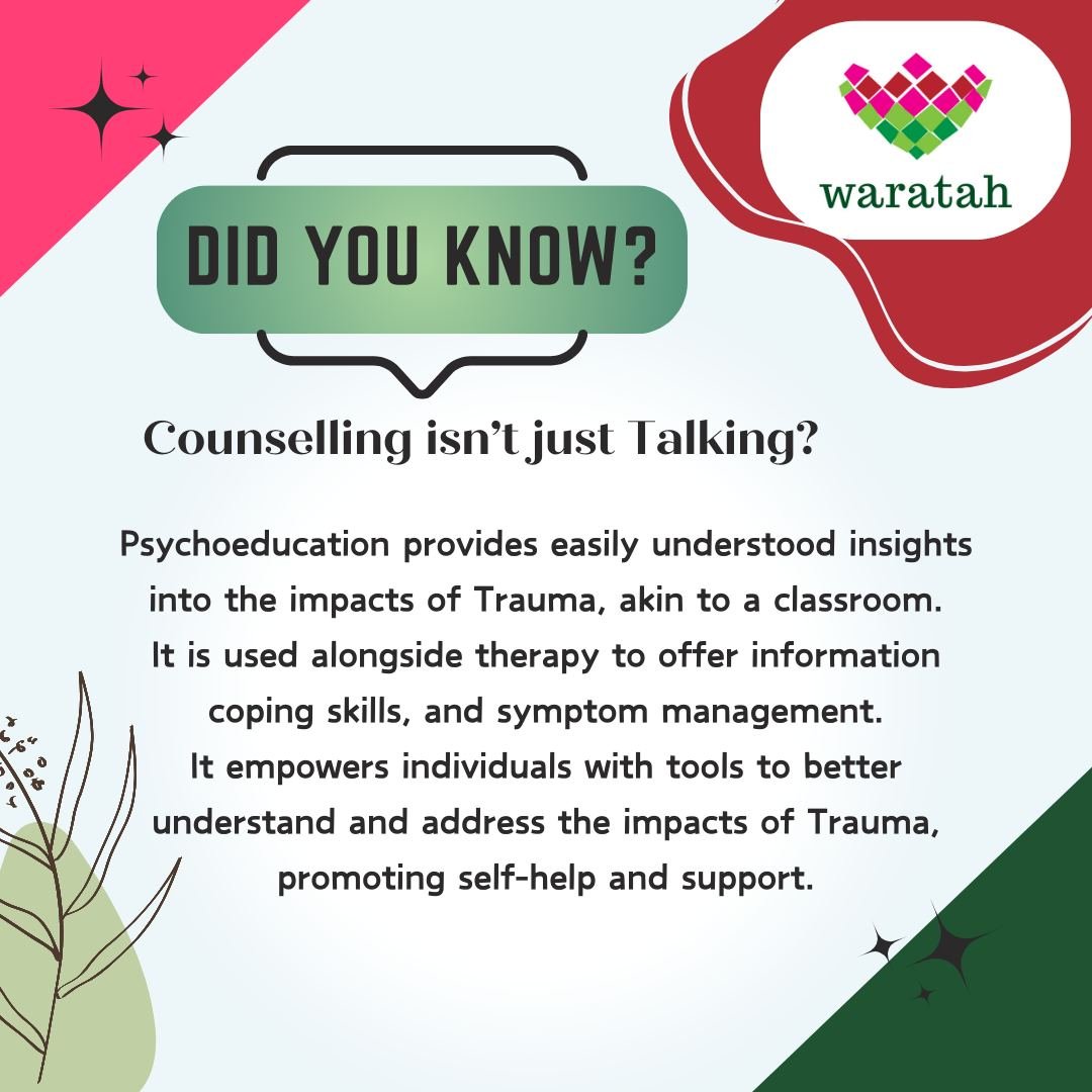 Our counsellors offer psychoeducation to all our clients as part of our counselling sessions. 
.
Waratah: family and domestic violence counselling, education and community services. 
.
..
 #psychoeducation #sexualassultawareness #noongarboodja #traum