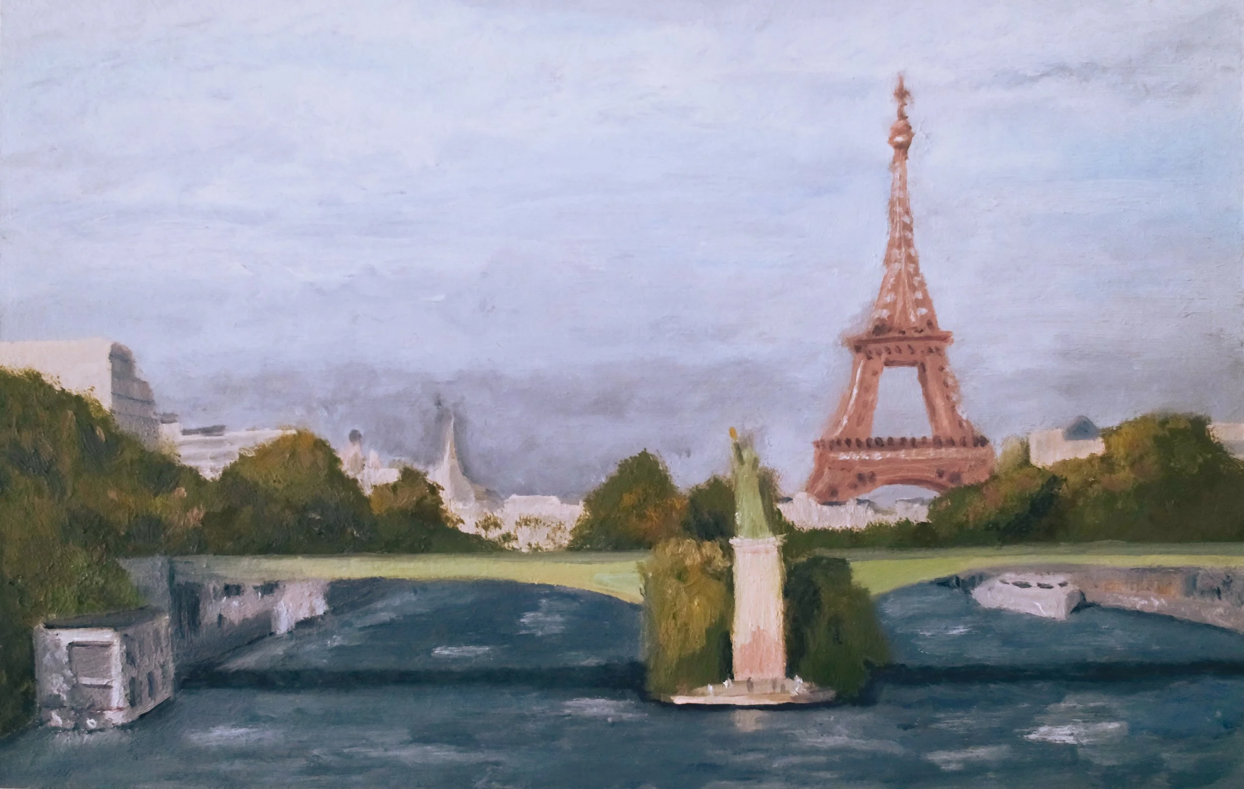 Oil painting of the view along the Seine in Paris, featuring the Eiffel Tower and Statue of Liberty