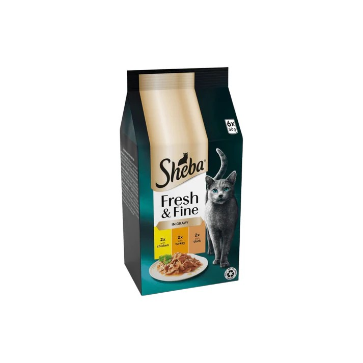 SHEBA® Fresh & Fine Adult Wet Cat Food Chicken, Turkey & Poultry Gravy Pouches 6x50g