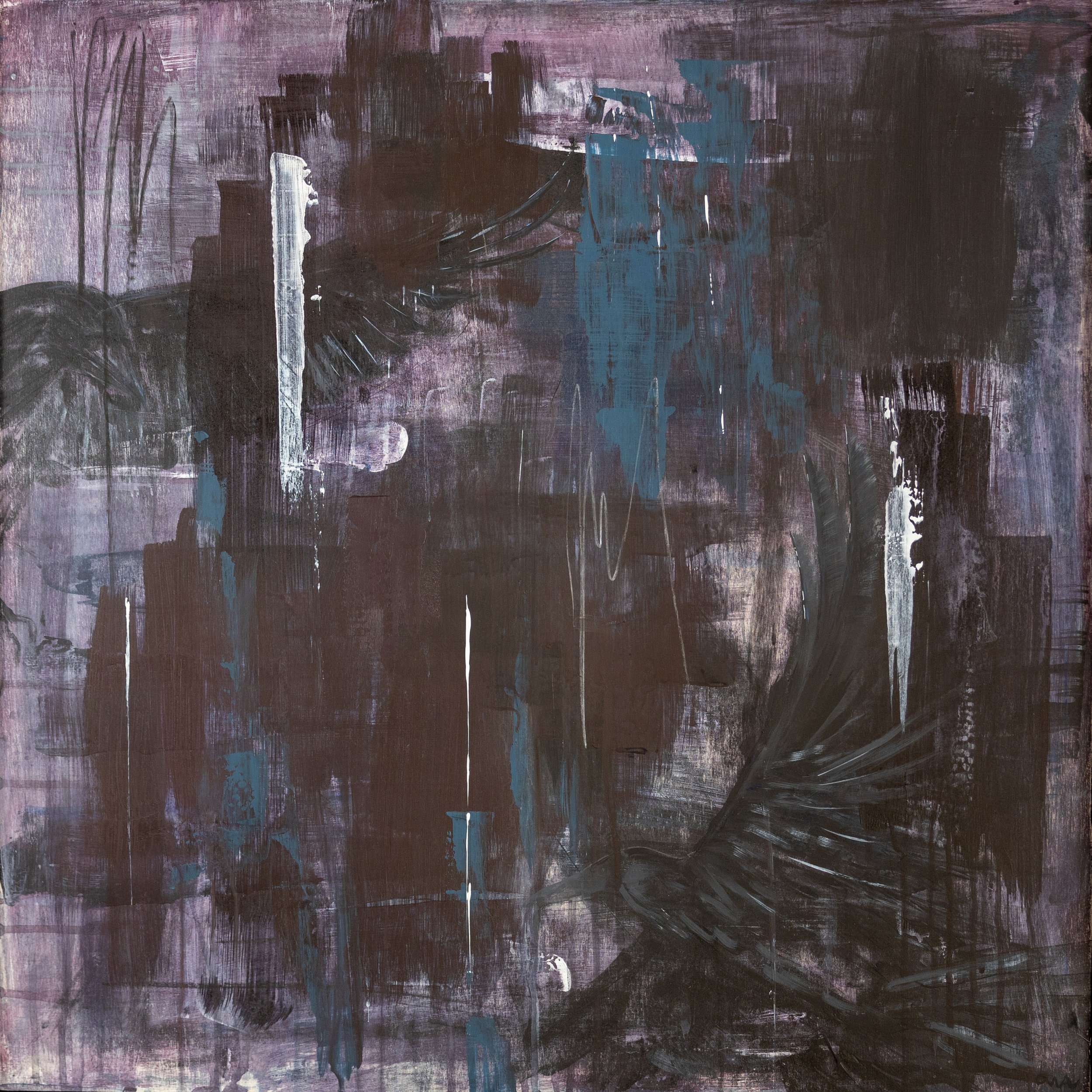 a richly painted semi-abstract depiction of crows with purples, blues and black. by Yorkshire born Cally Anderson.