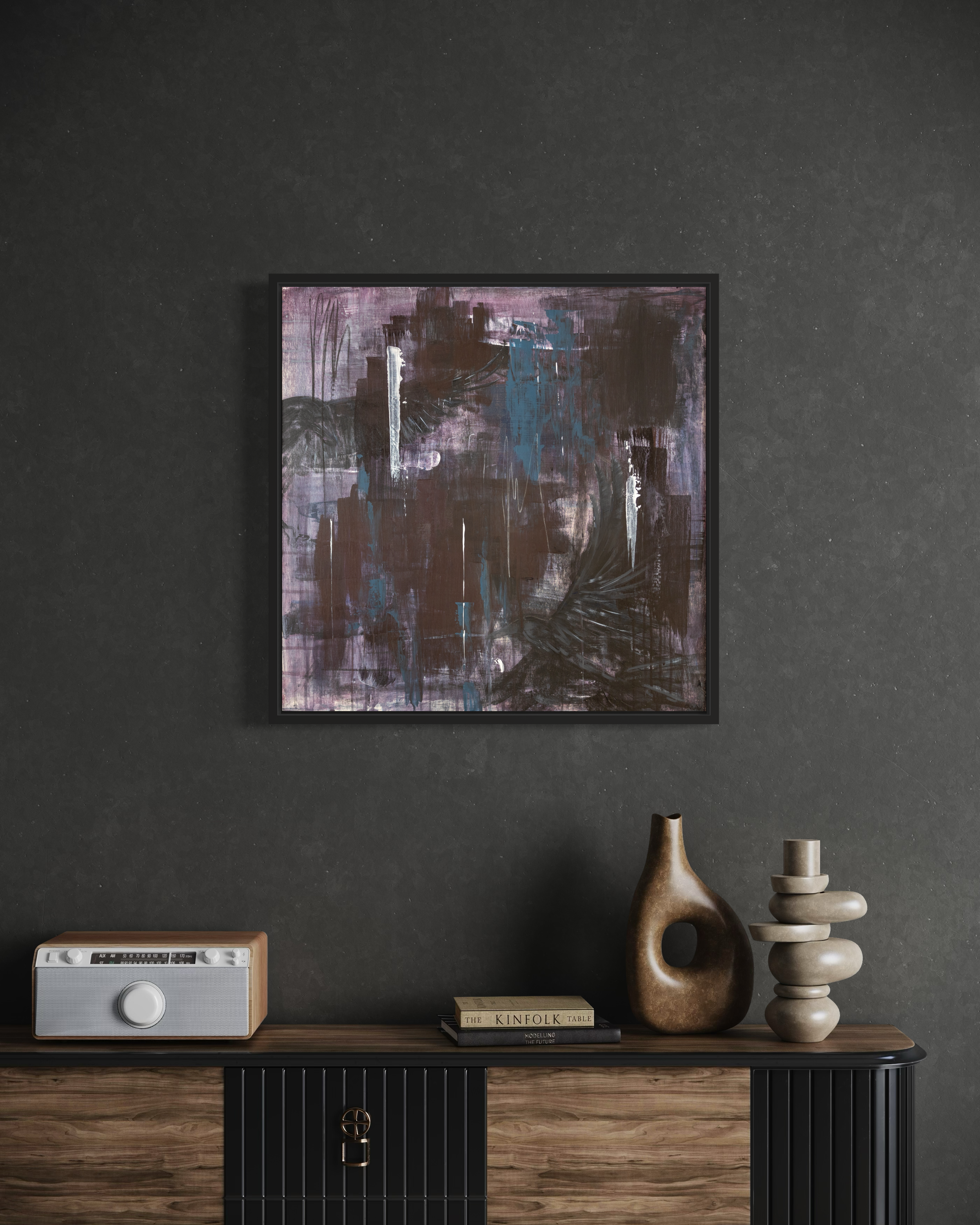 Original artwork inspired by the gothic and macabre by leeds based artist Cally Anderson. Depicting 2 semi abstract crows surrounded by rich colours of purple and blues.