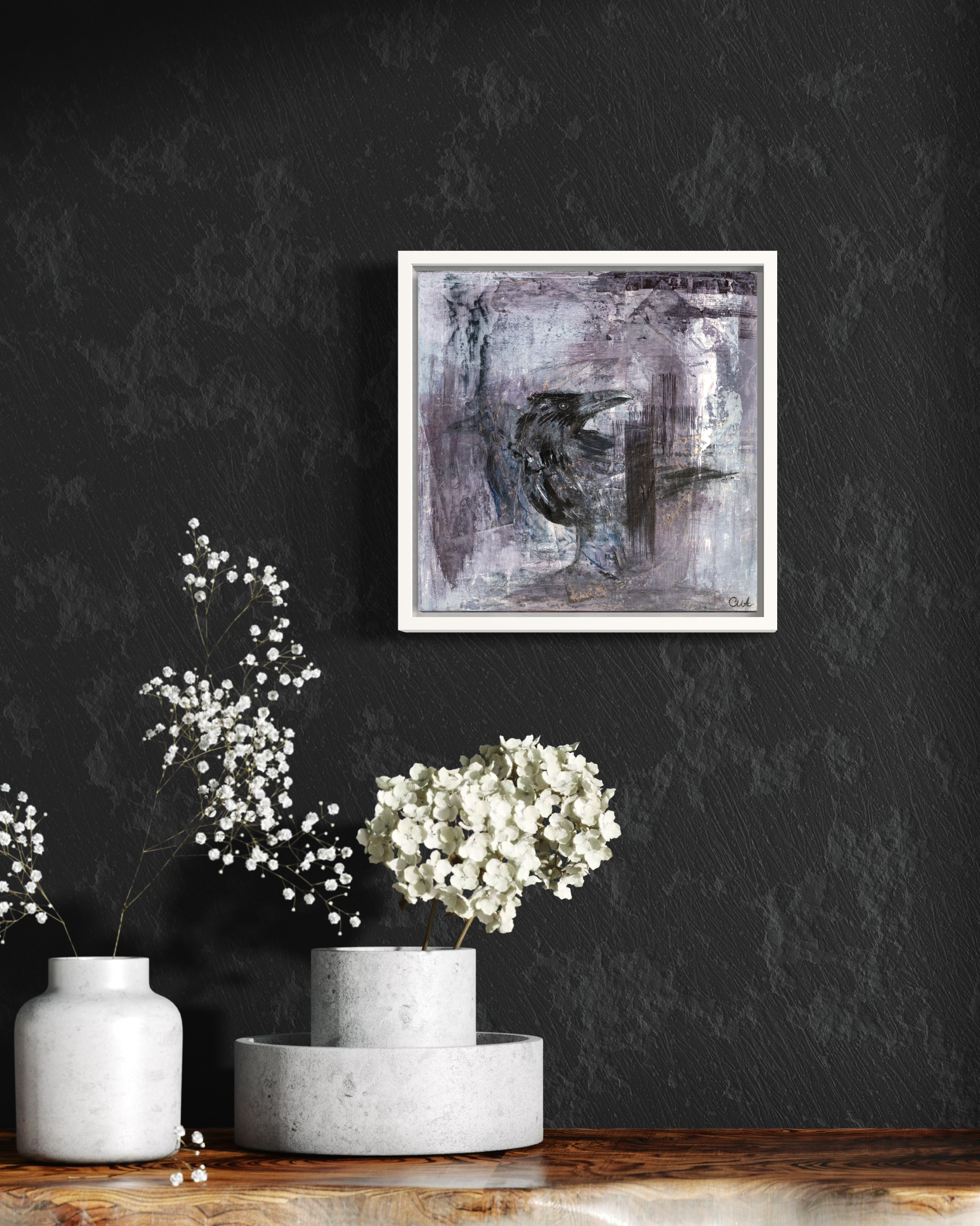 Grey and purple painting. Grey and purple art for living room. Art for bedroom. Art of crow