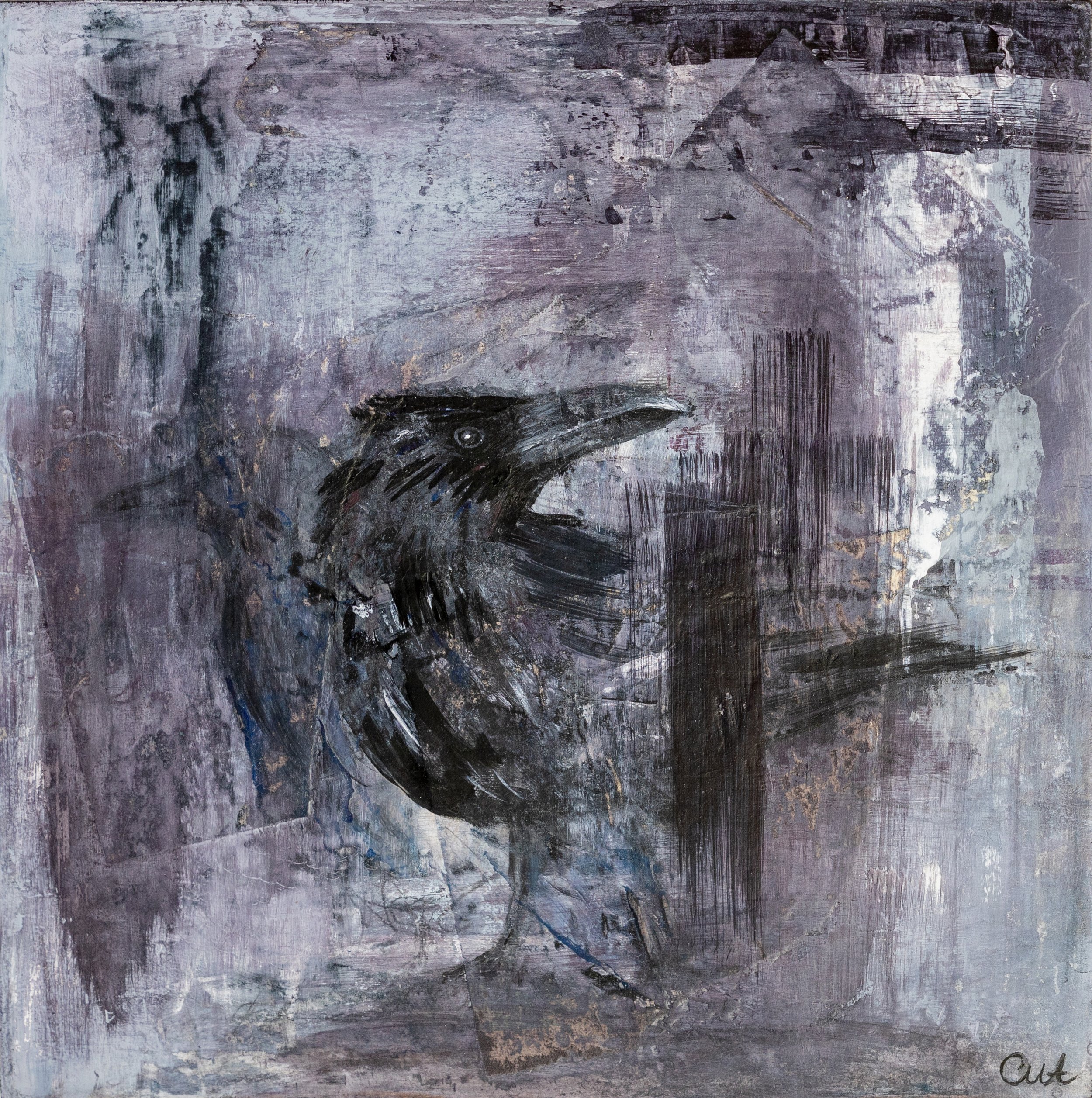 painting of raven. Goth interiors. Grey painting