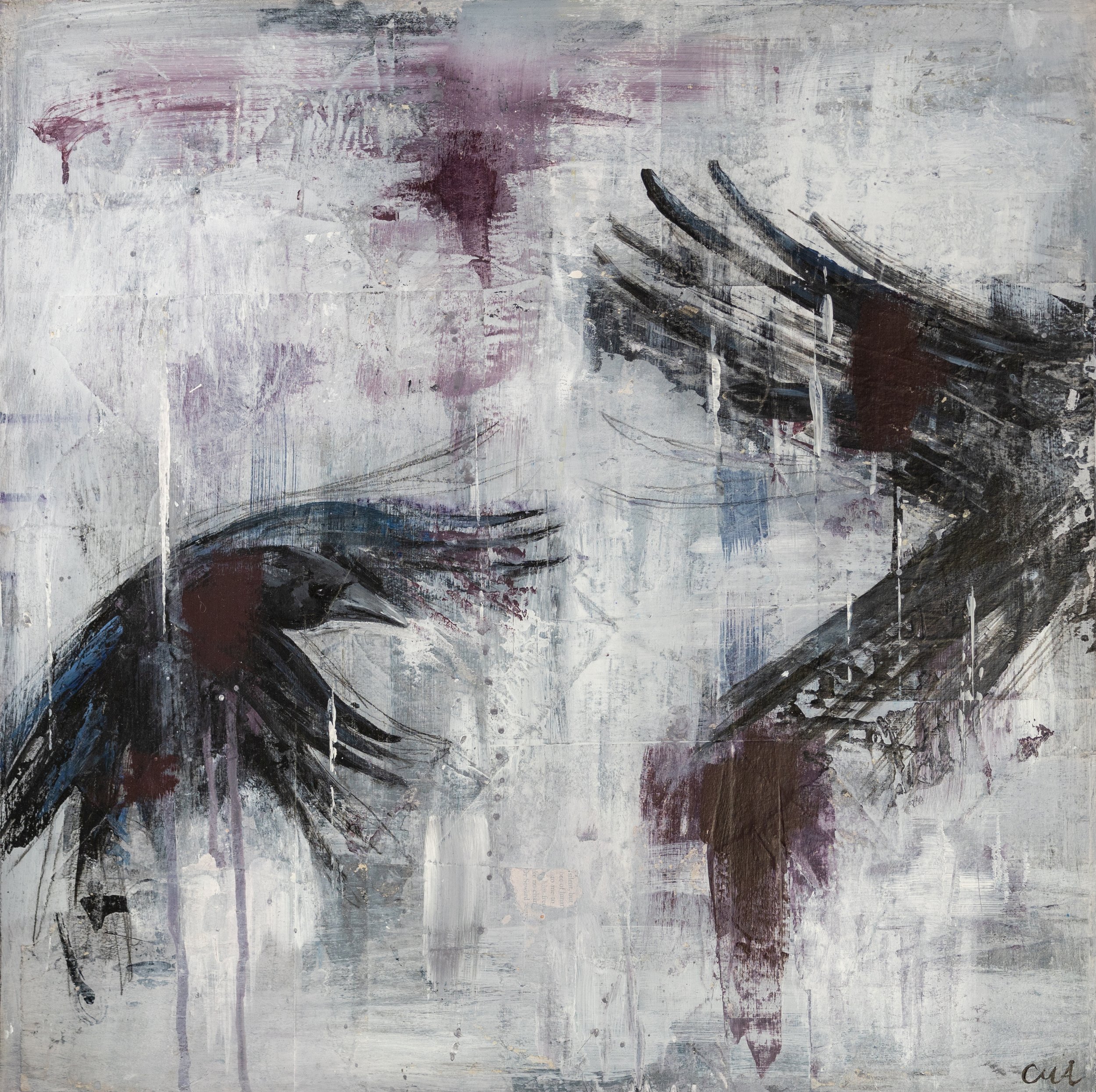Grey painting for living room. Abstract purple painting for bedroom. Painting of crow. Original art uk. Yorkshire artist. Art by Cally Anderson