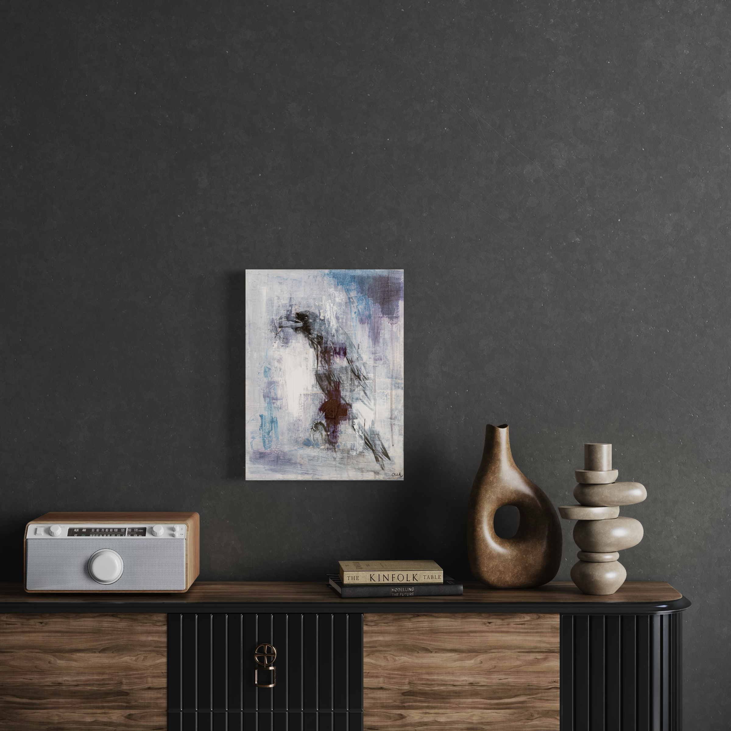 painting of crow, semi abstract painting for sale. Art for bedroom