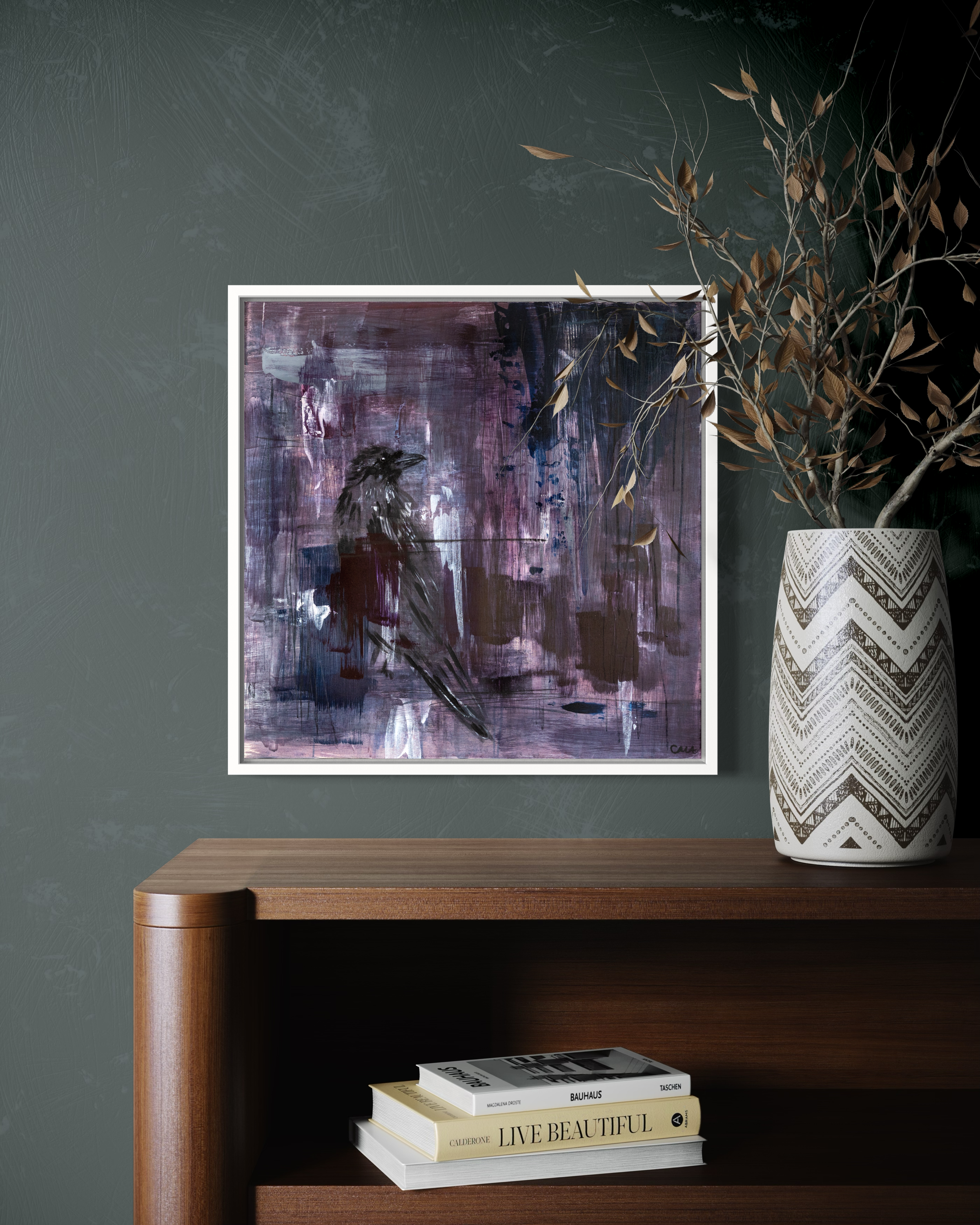 Purple painting for living room. purple artwork. art by Cally Anderson. art with crow