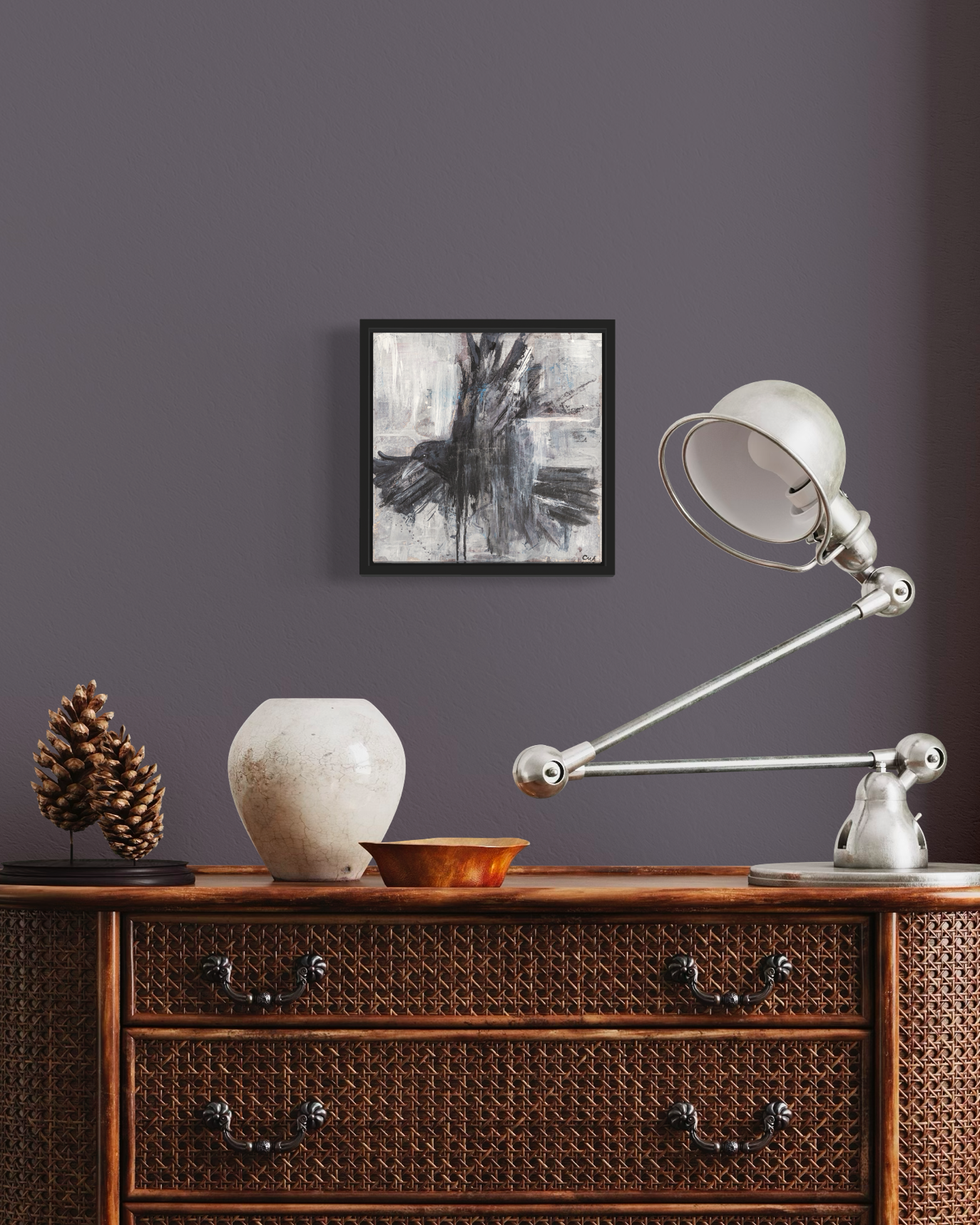 Grey painting for living room. Grey art for home. painting of crow
