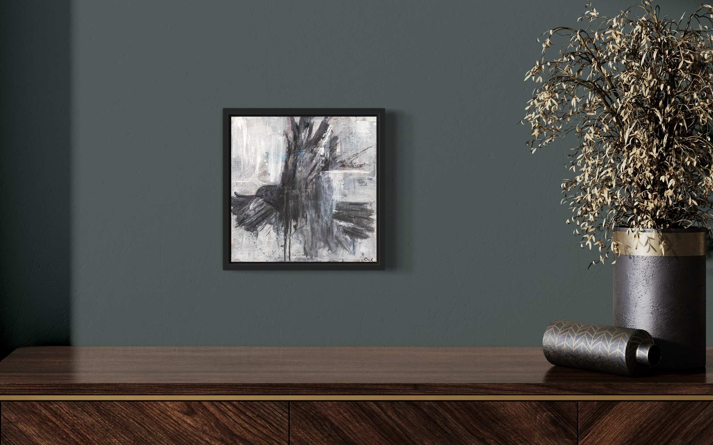 Original art work of a crow in flight with a disrupted realistic style. Using different tones of greys, blues and blacks