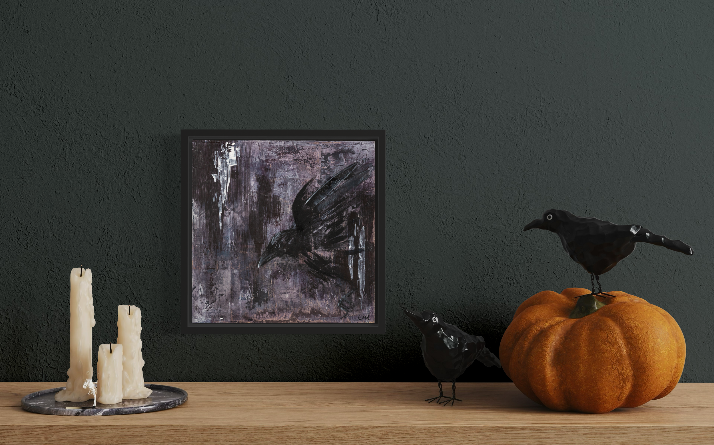 Art for Halloween. Art inspired by halloween. Painting of crow. Art by Cally Anderson