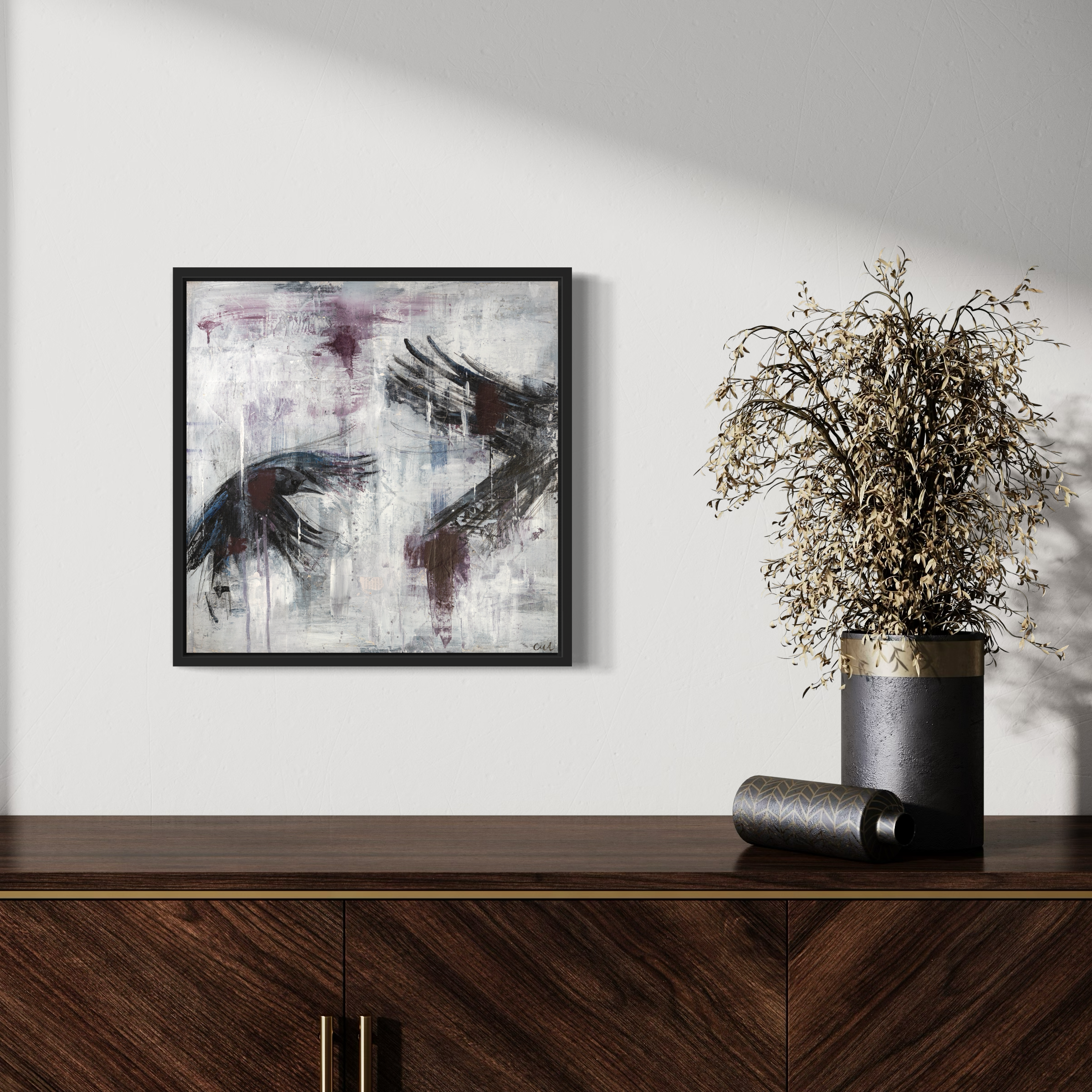 art for home, art for living room. crow picture. crow painting. crow art. gothic interiors