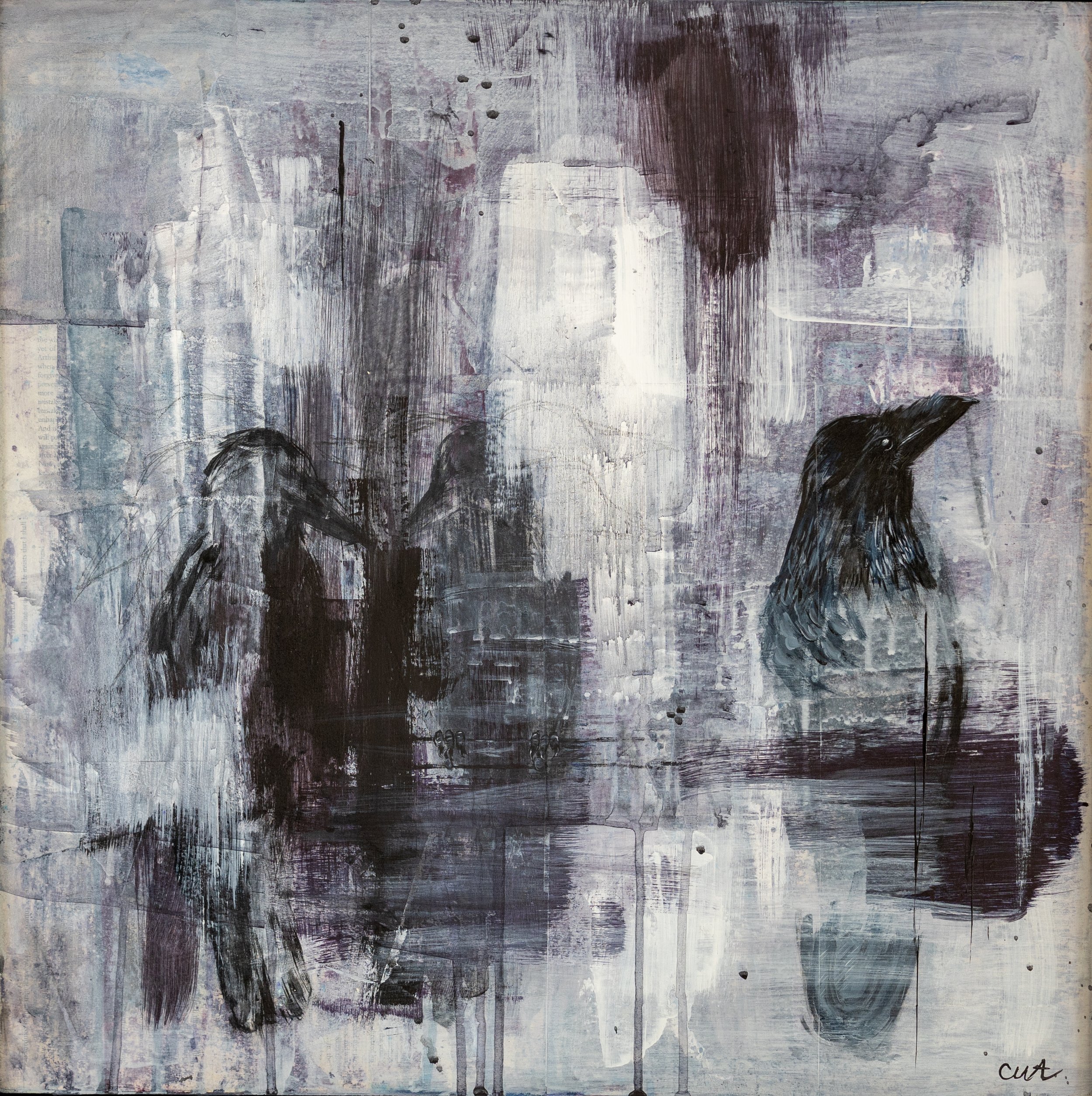 Semi abstract painting of crow. Grey painting for living room. Purple painting for bedroom. painting of crow. Art for home. Art in uk.