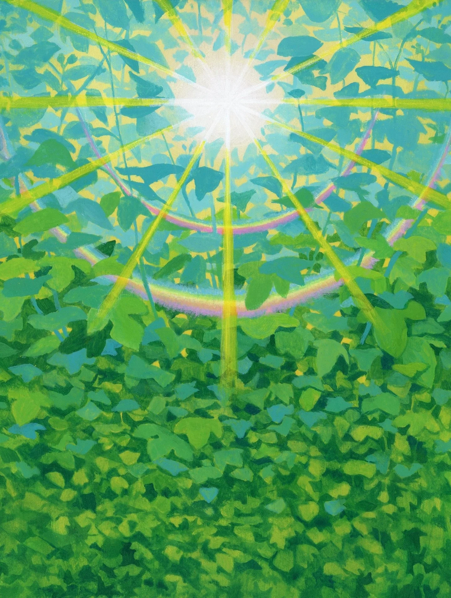 All for One
8x10 inches, acrylic on panel

and january rewards!
This month&rsquo;s print, All for One, features a sun bursting through a wall of foliage with two rainbows nestled amongst the leaves. And the sticker is a 3.5&rdquo; dandelion with some