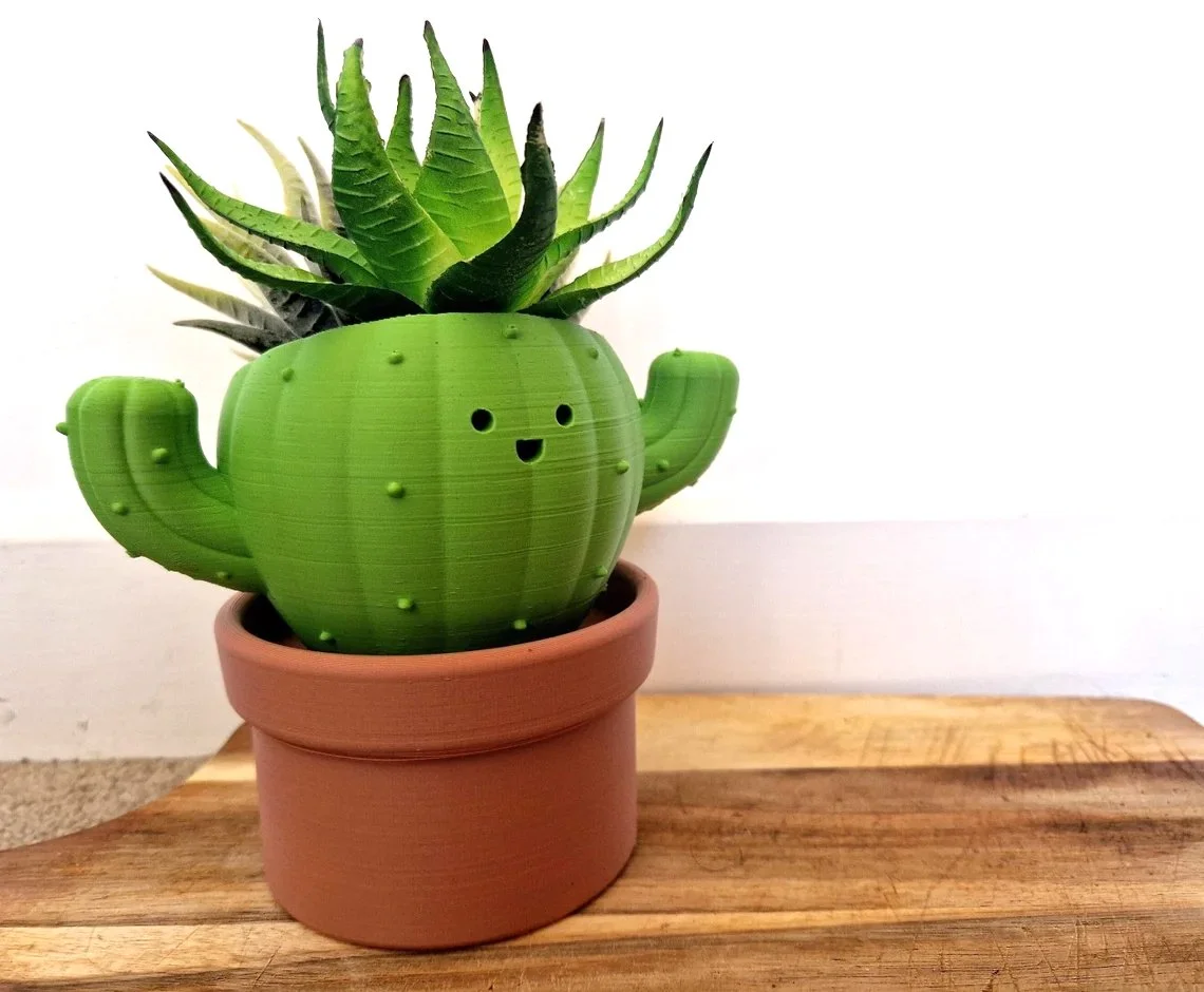 A cute character cactus planter with a succulent planted inside