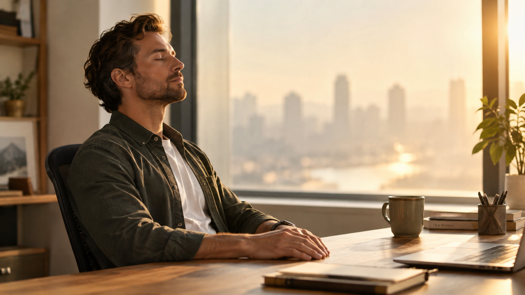 Man sitting at a wooden desk in front of a sunlit office window, eyes closed taking a deep, mindful breath with a city skyline in the background.