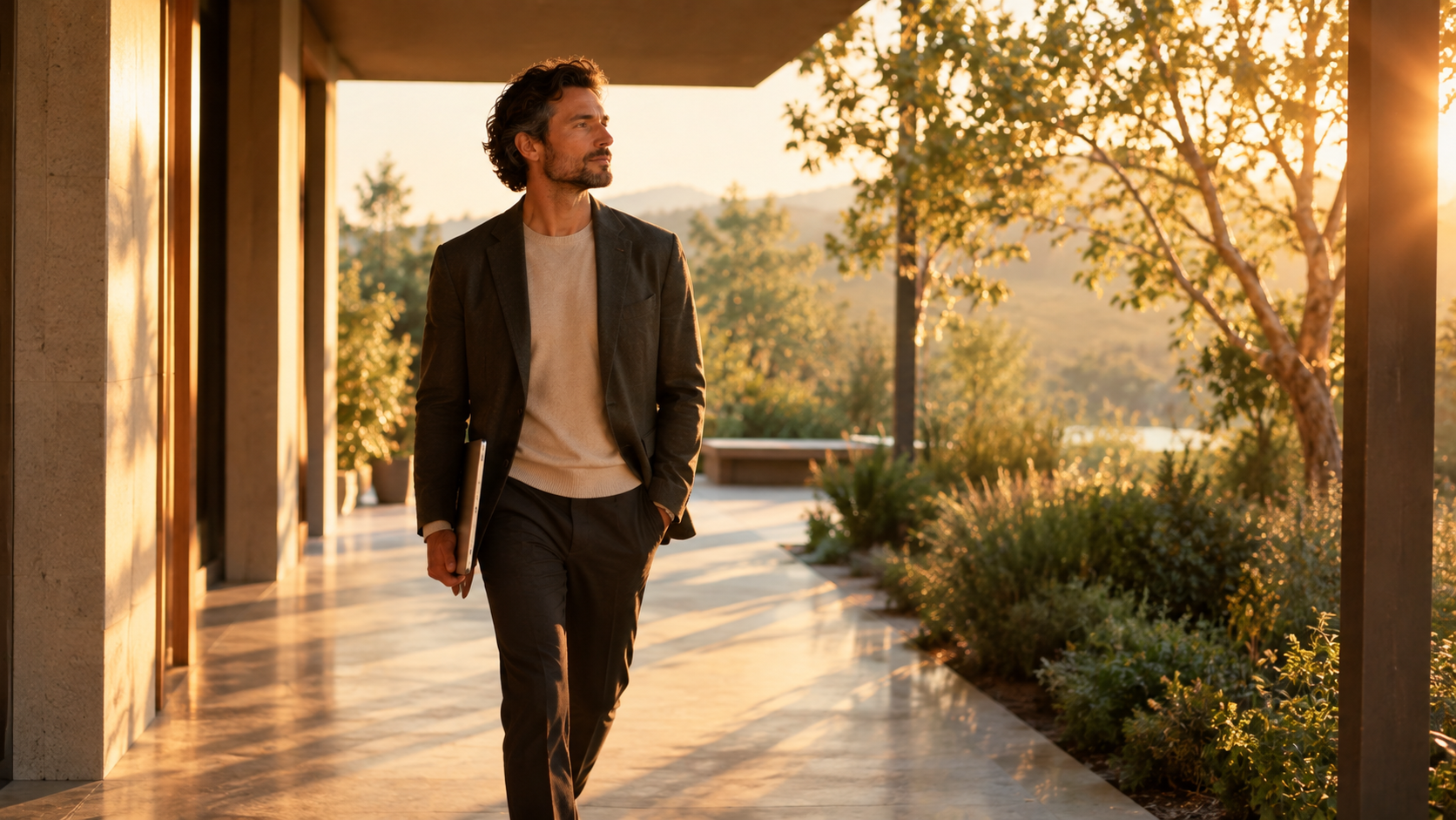 A professional man carrying a closed laptop under his arm while walking calmly along a sunlit outdoor terrace during golden hour.