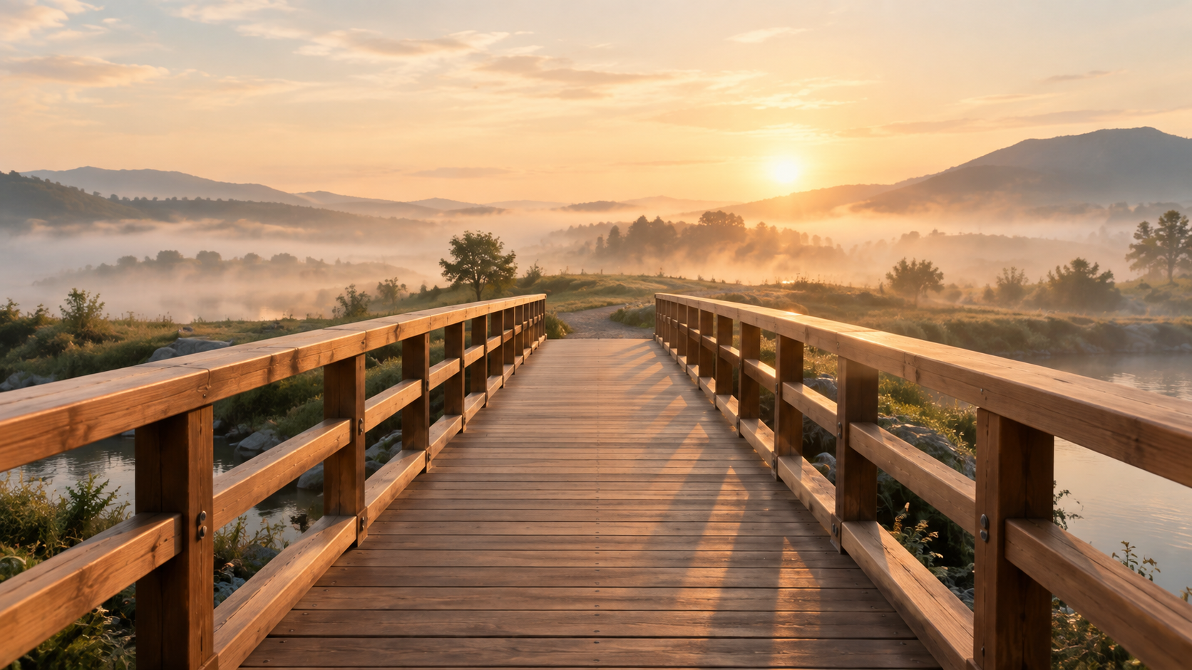 A wooden footbridge extending across calm water toward a misty countryside landscape during a warm sunrise over distant hills.