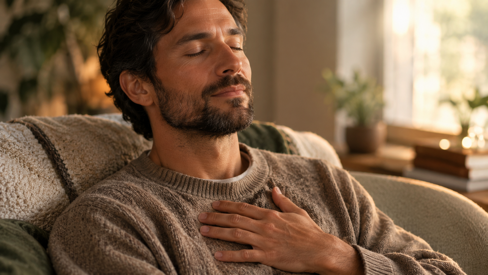 Close-up of a man in a cozy sweater reclining with his eyes closed and one hand placed gently over his heart in a somatic grounding gesture.