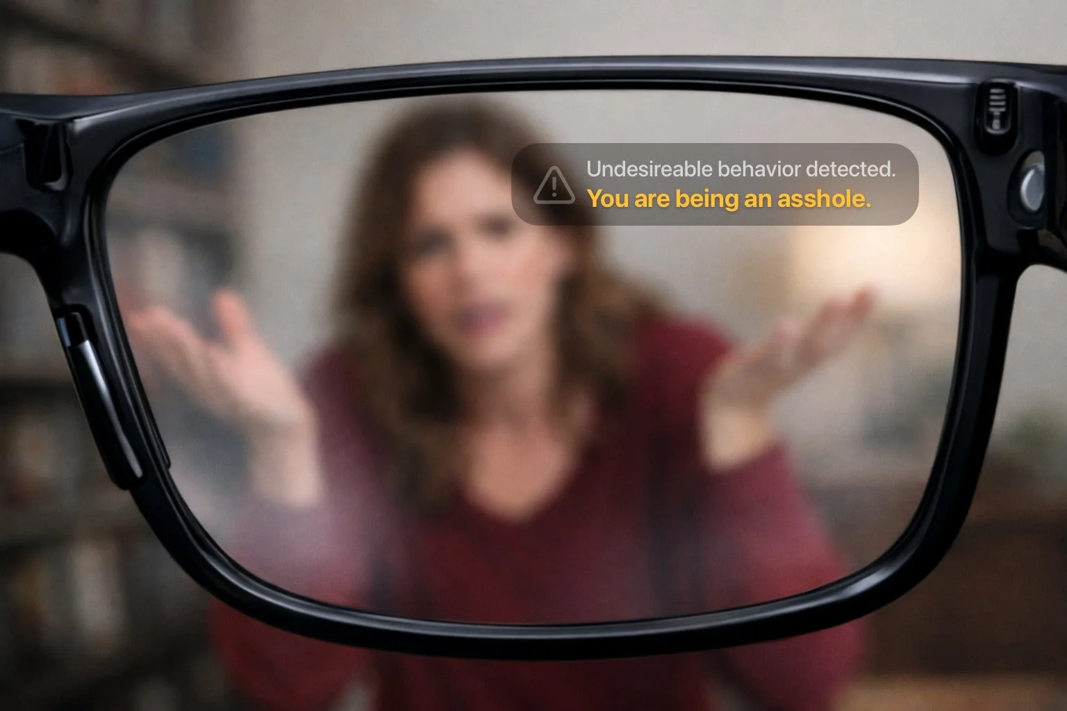 First person view through a pair of smart glasses. In the background there's a person who is mad at you, and there's a notification telling you that you're being an asshole.