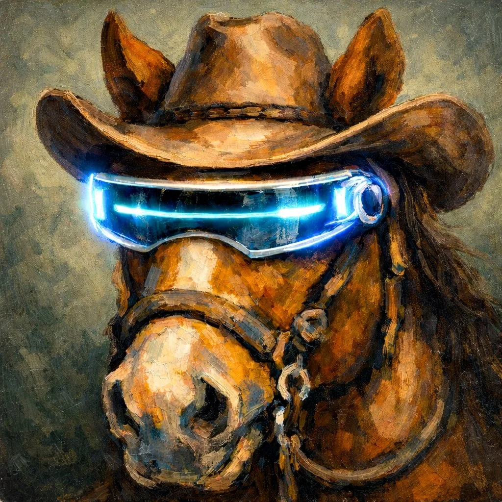 Painting of a horse with a cowboy hat and a pair of smart glasses