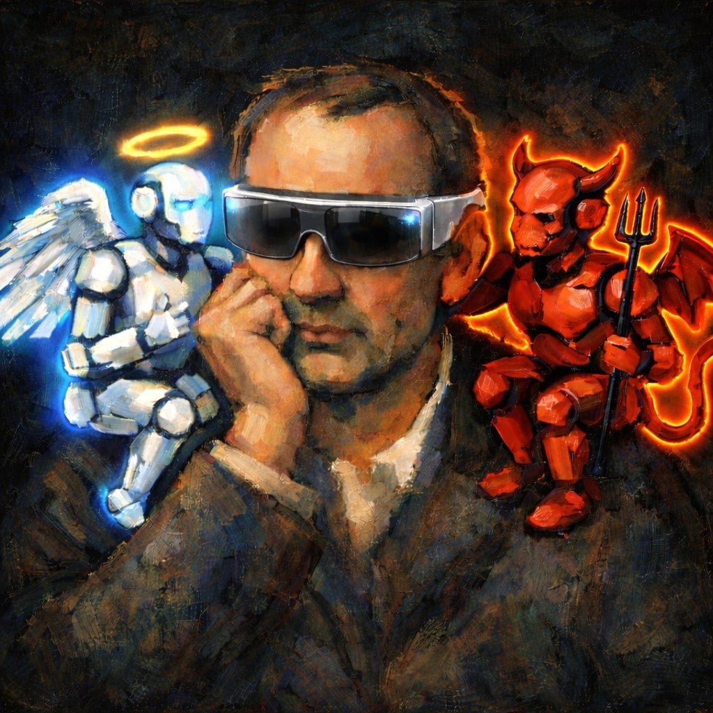 Image of a person wearing smart glasses with a robot angel and devil on their shoulders.