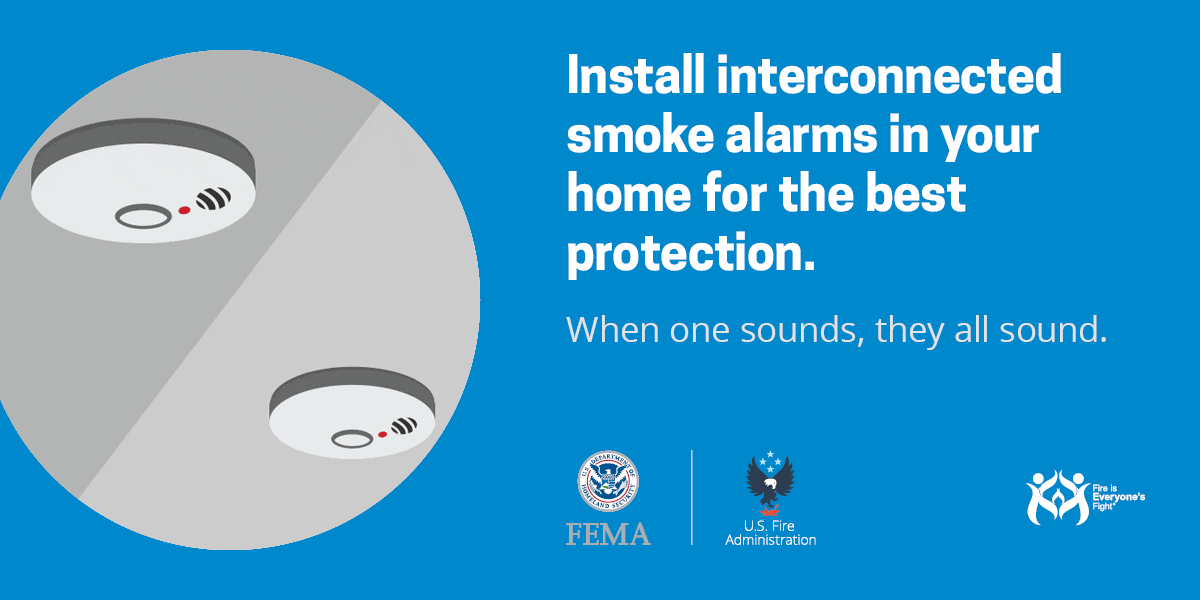 Graphic showing interconnected smoke alarms with text encouraging installation for home safety, with FEMA and U.S. Fire Administration logos.