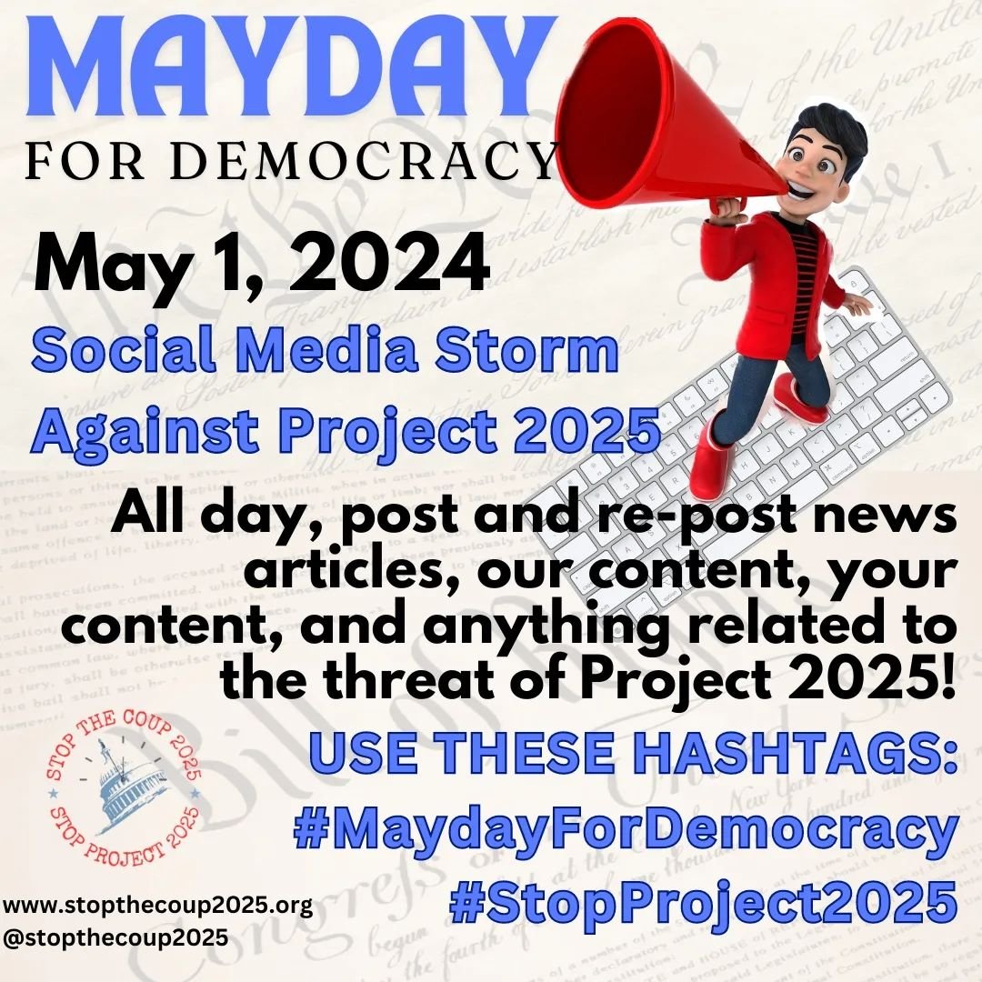 Please share! The MSM does sometimes notice when topics trend on Social Media apps, particularly. On May 1, let's send a Mayday for Democracy and flood the zone on every platform with #StopProject2025 content.