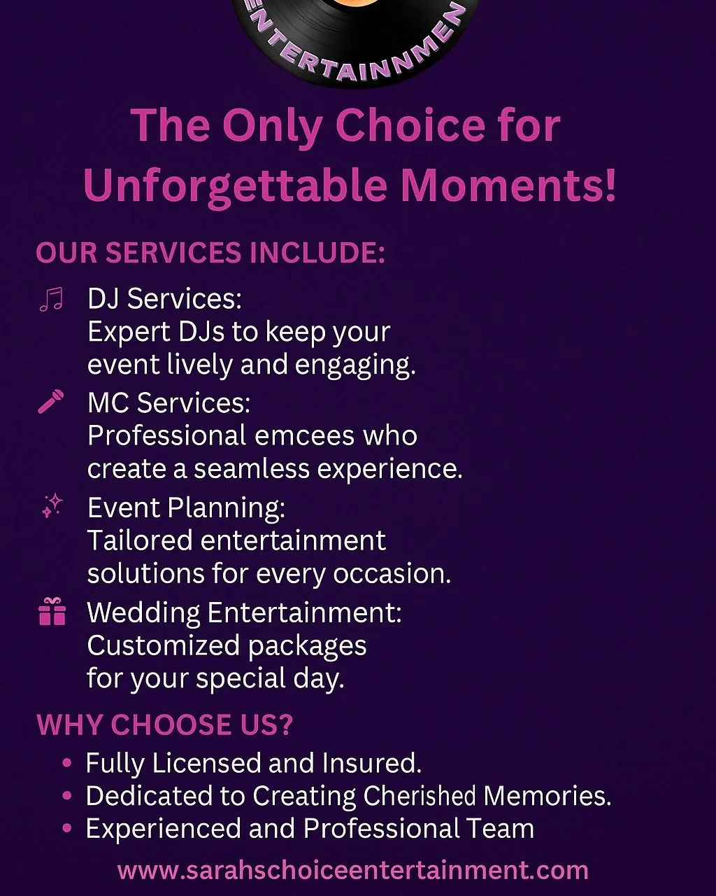 No matter the celebration, Sarah&rsquo;s Choice Entertainment delivers! ✨ Whether it&rsquo;s a wedding, birthday, corporate gathering, or special occasion, we create the perfect vibe. Let&rsquo;s make your event extraordinary! 💫 Book today 👉 www.sa