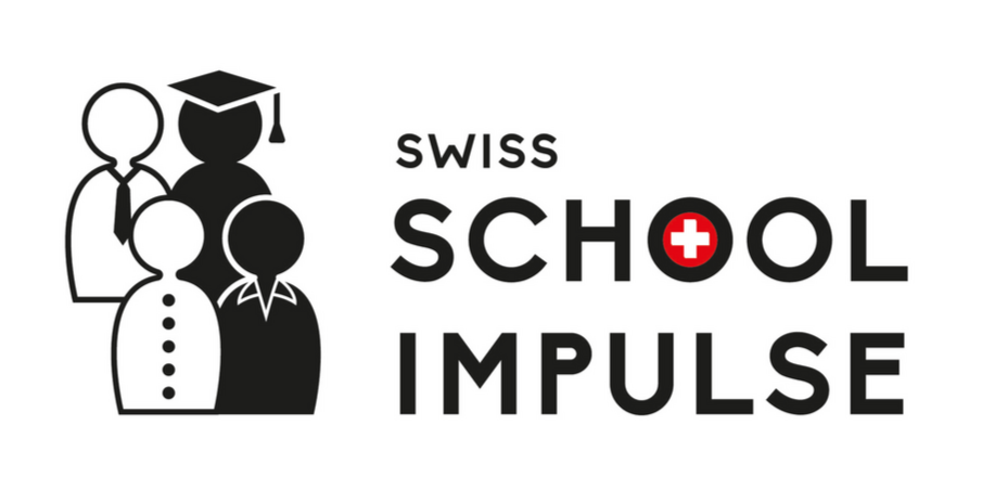Logo de l'école Swiss School Impulse avec cinq figures stylisées représentant des étudiants, dont un portant un chapeau de diplômé, et un texte indiquant "Swiss School Impulse" avec un symbole de croix suisse dans le "O" de "School".