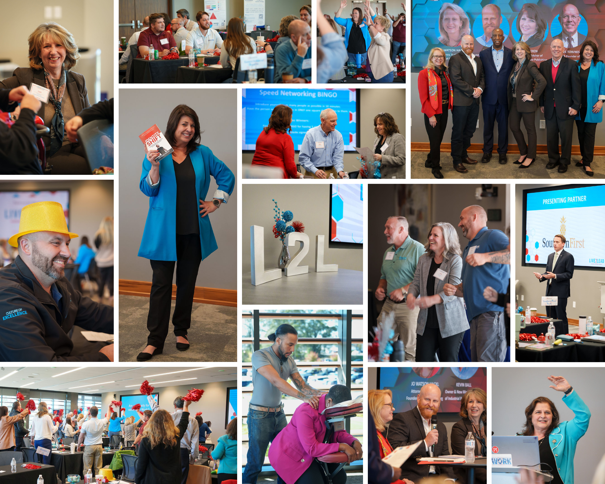 Multiple images from a professional networking event or conference showing people engaging in discussions, presentations, and activities. There are group photos, a woman holding a book titled 'Identify Shift,' a crowd of attendees with pom-poms, and a speaker giving a presentation with a screen that reads 'LIVE2LEAD' and a presentation slide.