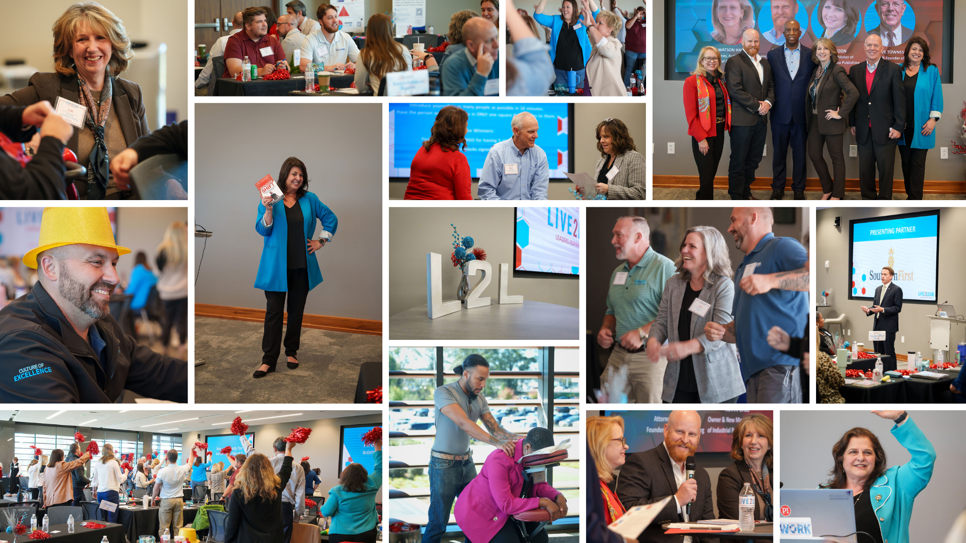  Collage of photos from Live2Lead 2025 in Greenville, featuring speakers, attendees, group activities, and presentations.